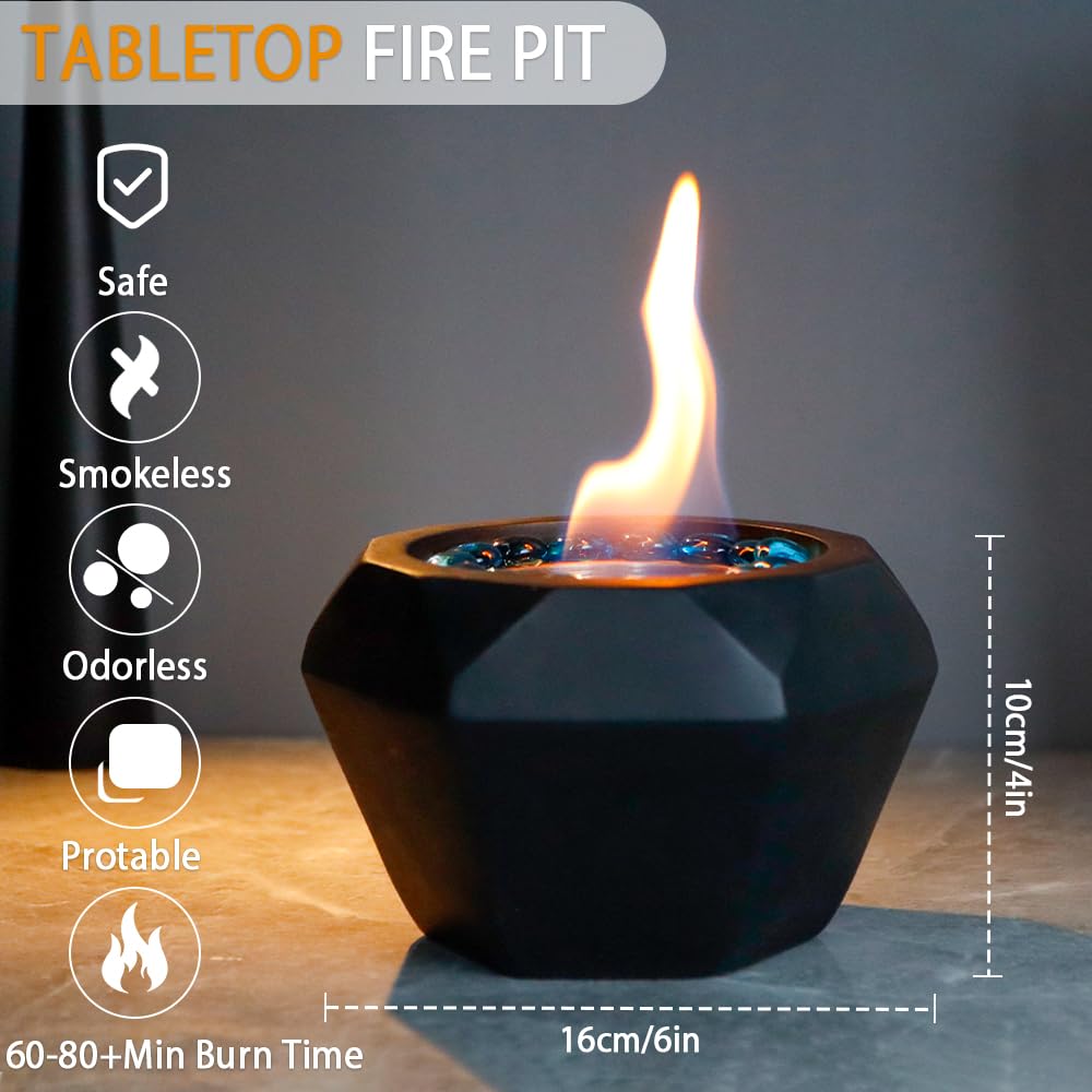 TRIROCKS Black Concrete Table Top Fire Pit Bowl with Ambient Colored Stones - Dual Alcohol Burners & Safety Extinguisher - Indoor/Outdoor Fireplace for Patio, Deck, Garden & Backyard Parties