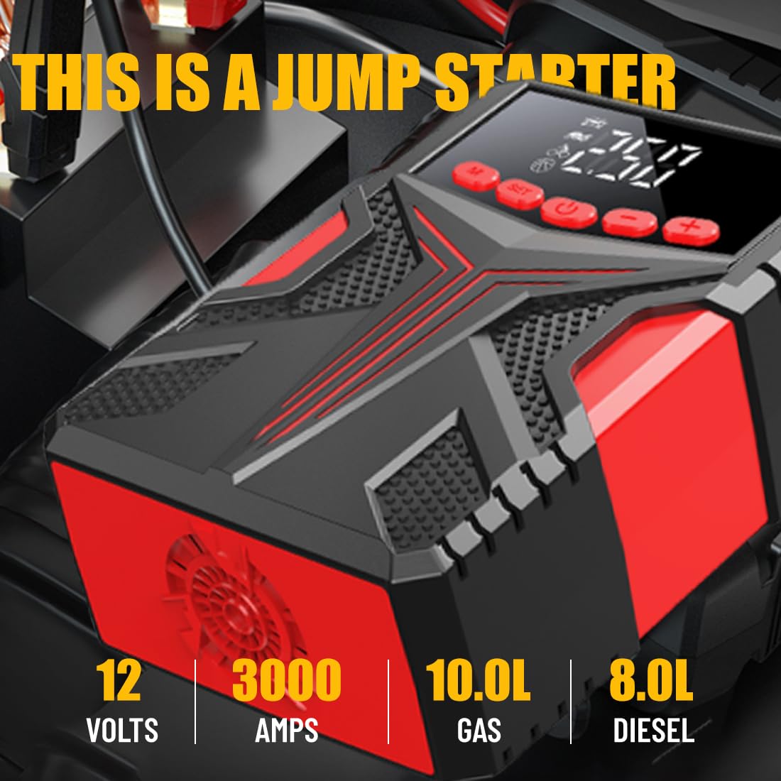 Portable Car Jump Starter with 150PSI Air Compressor & Tire Inflator - 3000A Battery Booster for 10.0L Gas/8.0L Diesel Engines - Emergency Jump Box Kit with Storage Case & Jumper Cables - Perfect for Roadside Emergencies, Camping and Winter Car Maintenance