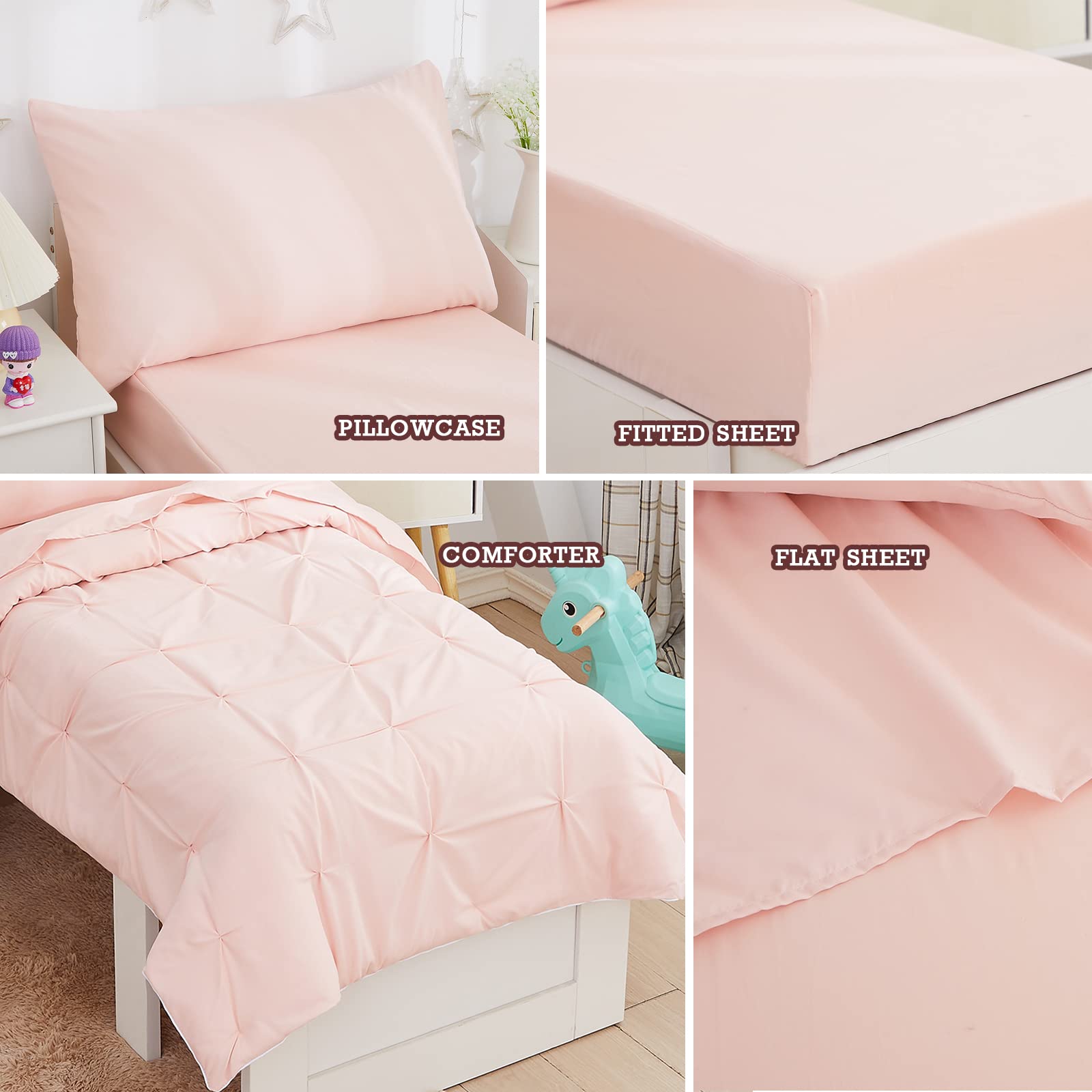 Brandream Pink Pintuck 4-Piece Toddler Bedding Set for Girls - Soft Comforter, Fitted Sheet, Flat Sheet & Pillowcase - Princess-Themed Luxury Kids Bedding | Perfect for Nursery, Daycare & Sleepovers