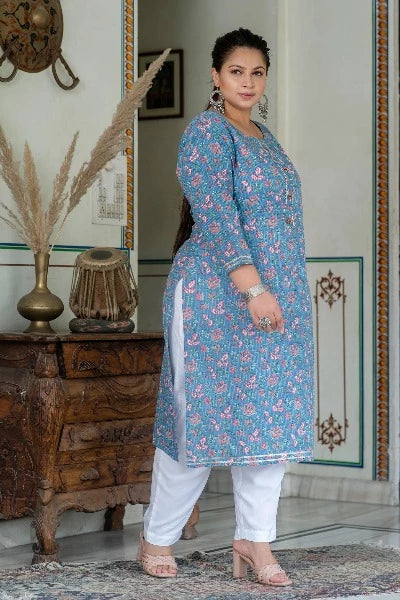Stylish Plus Size Blue & Pink Cotton Straight Kurti for Women | Comfortable Casual Wear for Parties, Office & Festivals