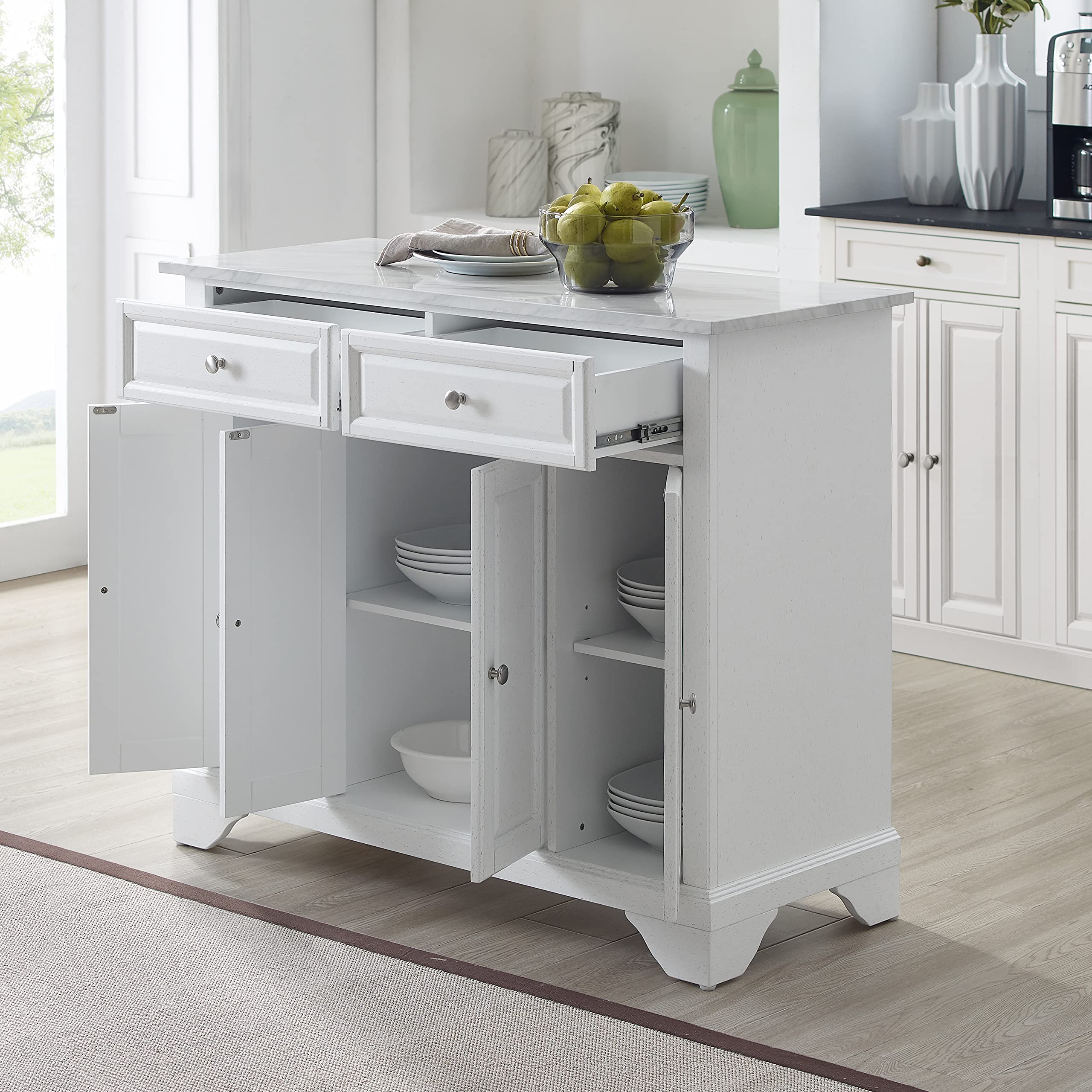 Crosley Avery Rolling Kitchen Island Cart with Shelves - White Distressed Finish | Microwave Stand, Coffee Bar Station & Storage Organizer | Perfect for Small Kitchens, Apartments & Breakfast Nooks