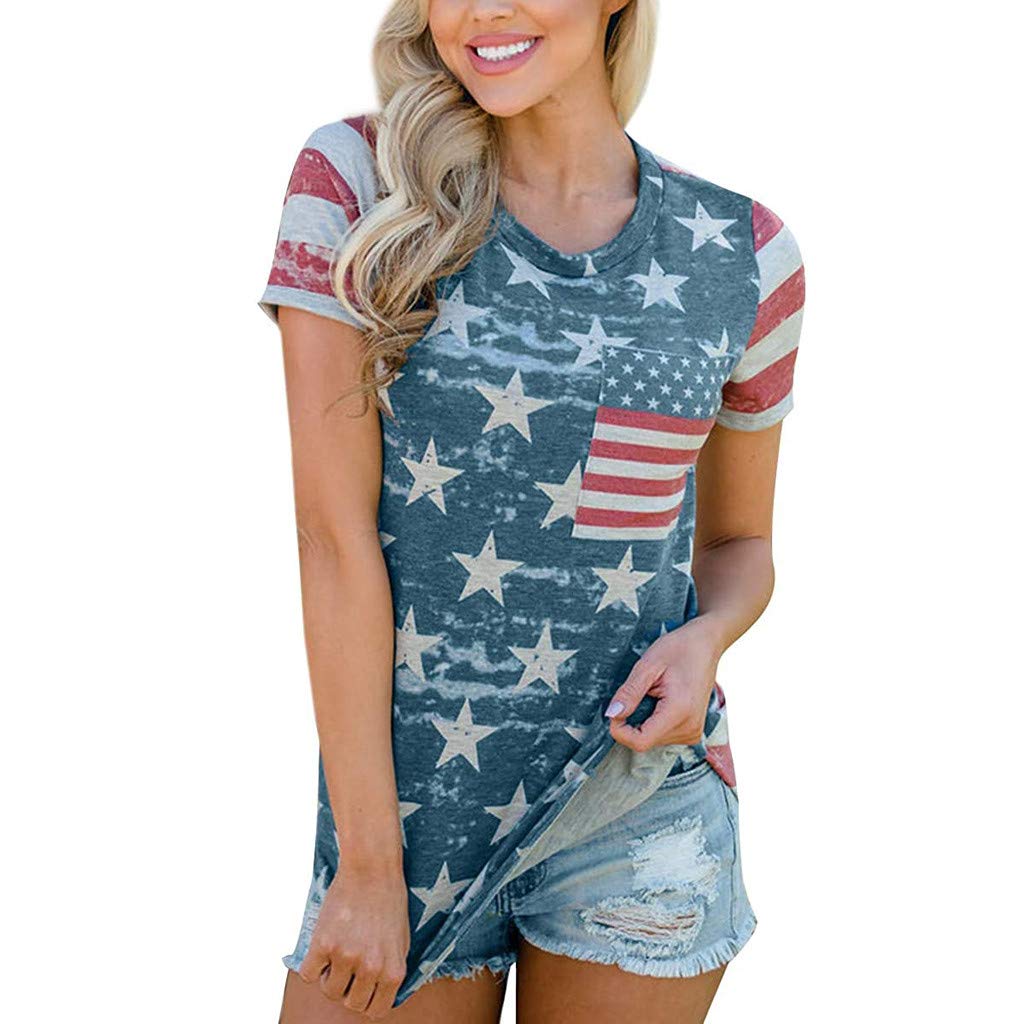 COOKI Women's American Flag Short Sleeve T-Shirt - Patriotic USA 4th of July Top, Casual Loose Fit Tee with Flag Print, Summer Blouse in Blue | Perfect for Independence Day Celebrations, BBQ Parties & Casual Outings