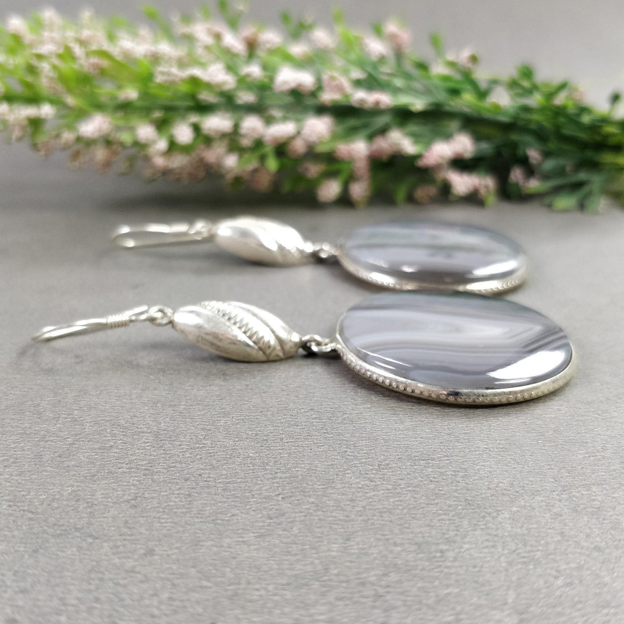 Botswana Agate Gemstone Earrings - 18.94g Natural 925 Sterling Silver Bi-Color Round Bezel Set Drop Dangle Hook Earrings (2.5 Inch) for Women | Perfect for Parties, Weddings & Everyday Elegant Wear