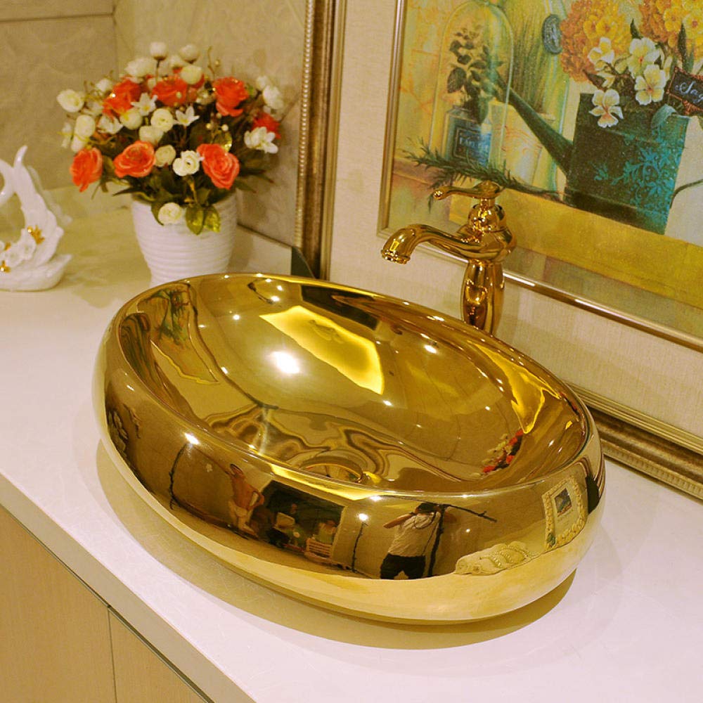 Gold Oval Ceramic Countertop Basin - Modern Above Counter Bathroom Sink Bowl for Vanity & Powder Room | Art Wash Basin for Contemporary Home Decor