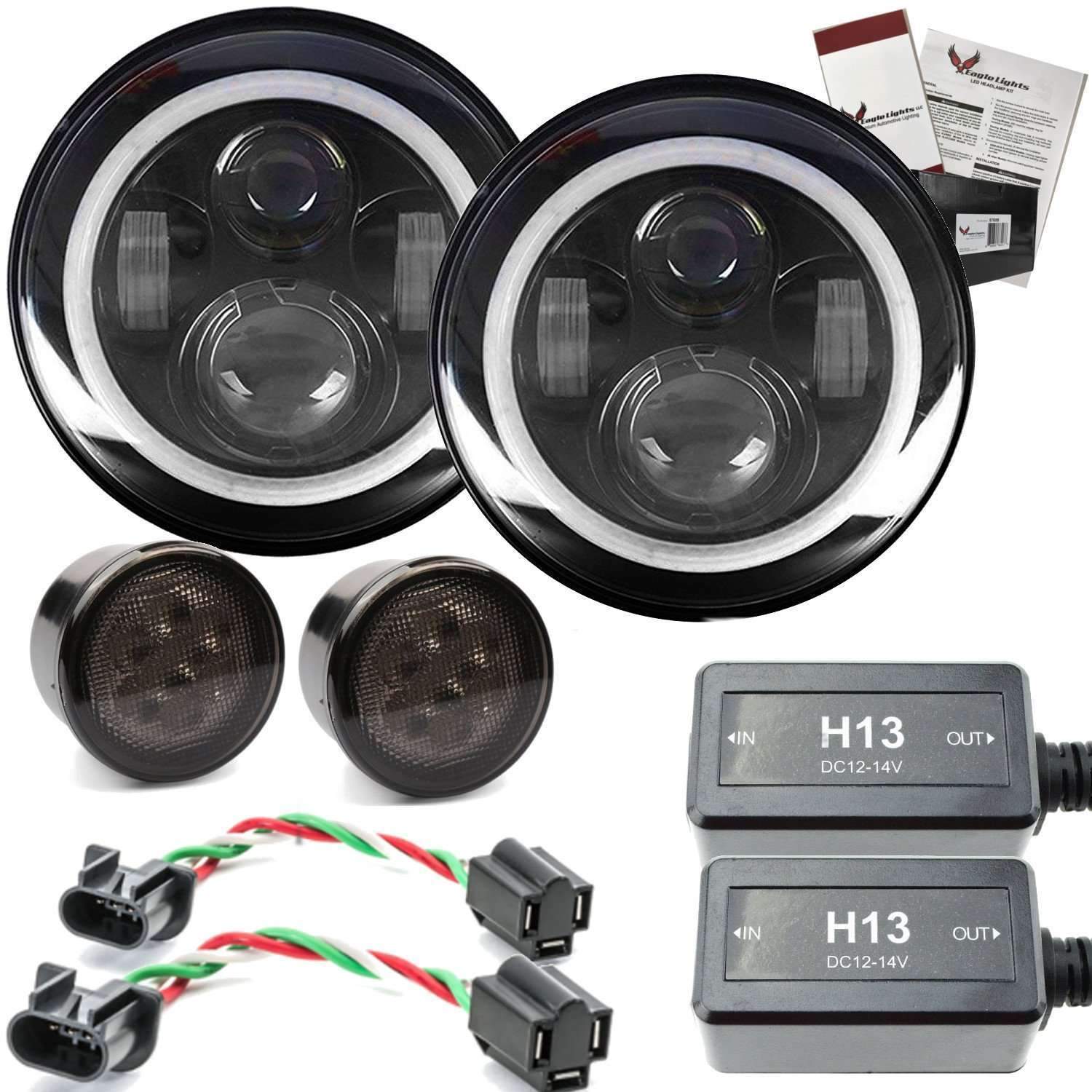 Eagle Lights 7 LED Headlight Kit for Jeep Wrangler & Gladiator - White LED Halo Rings, High Brightness, Plug & Play - Double Pack - Perfect for Off-Roading & Night Driving