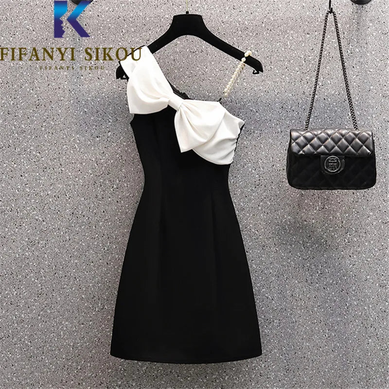 Sexy Black Strap Dress for Women - Bowknot Sleeveless High Waist Short Dress with Diagonal Collar - Elegant Summer Party Clubwear & Beach Dress