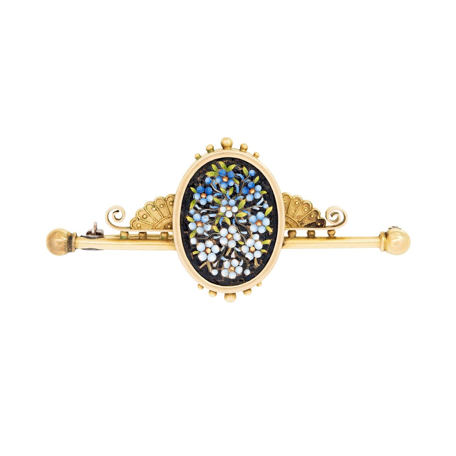 Victorian 15K Gold Floral Micro Mosaic Brooch Pin - Elegant Antique Jewelry for Women, Perfect for Weddings, Parties & Vintage Fashion