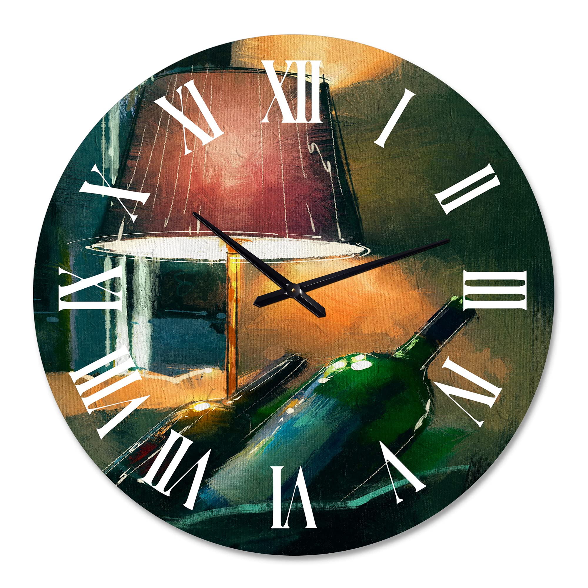 DesignQ Modern Wall Clock - Wine Bottles & Lamp Glowing Orange Night Scene - Large Decorative Clock for Living Room, Kitchen, Bar - Perfect for Home, Restaurant & Cafe Decor