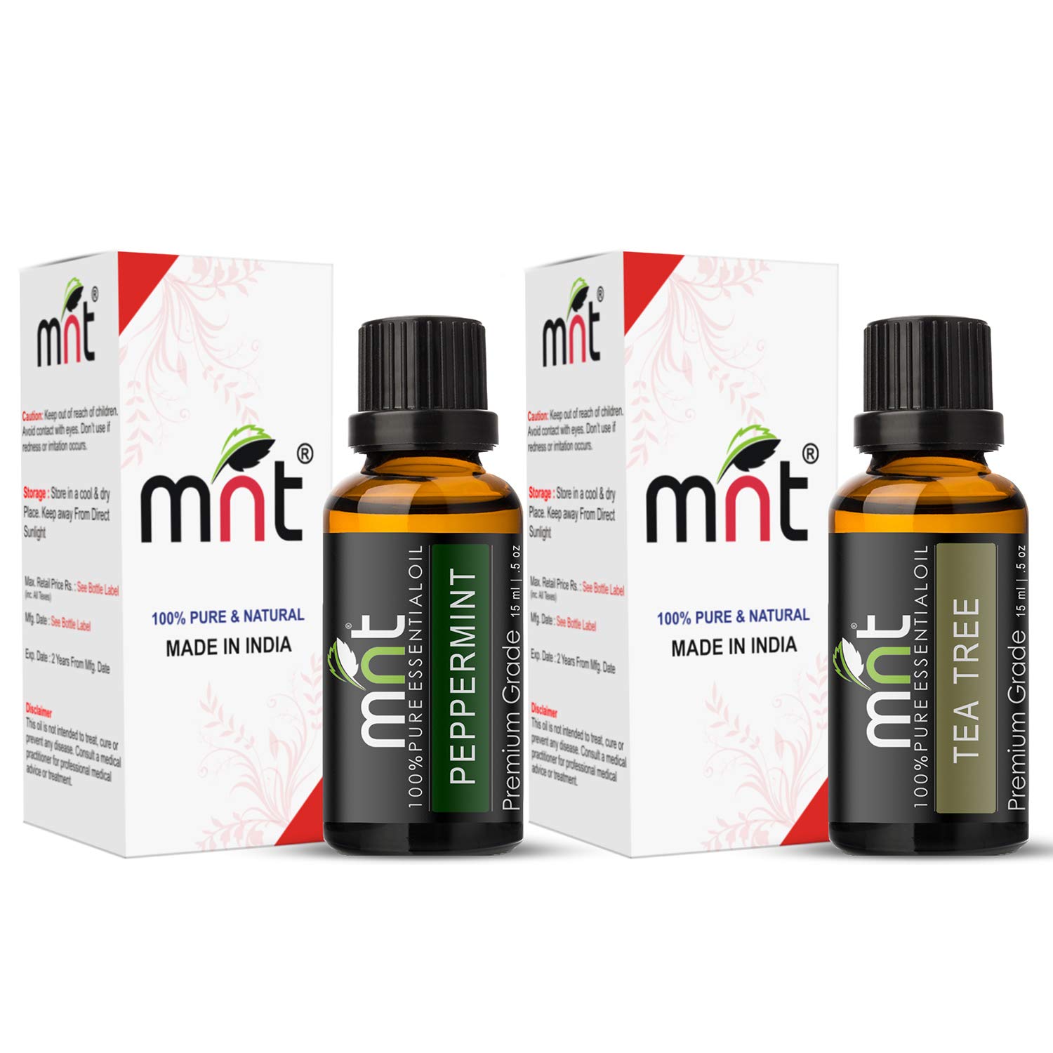 100% Pure Natural Peppermint Oil & Tea Tree Oil Combo (15ML Each) - Promotes Hair Growth & Skin Care | Perfect for Aromatherapy, DIY Beauty & Scalp Treatments