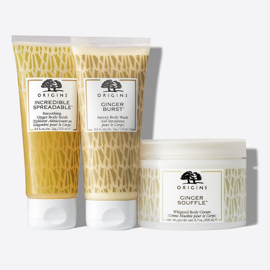 Origins Ginger Souffle Whipped Body Cream, Ginger Burst Savory Body Wash & Smoothing Body Scrub Gift Set - Luxurious Spa Treatment for Dry Skin, Holiday Gift Idea for Women, Perfect for Self-Care & Relaxation at Home