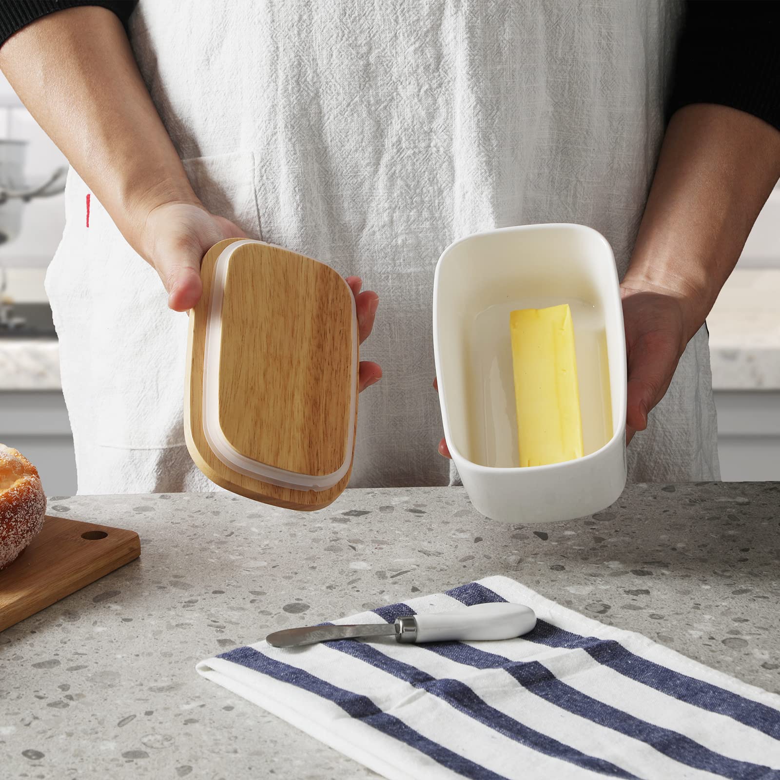 Large Ceramic Butter Dish with Silicone Seal - Natural Wood Lid & Stainless Steel Butter Knife - Countertop Butter Keeper for Fresh Storage - Elegant White Kitchen Decor & Housewarming Gift for Bakers & Home Chefs
