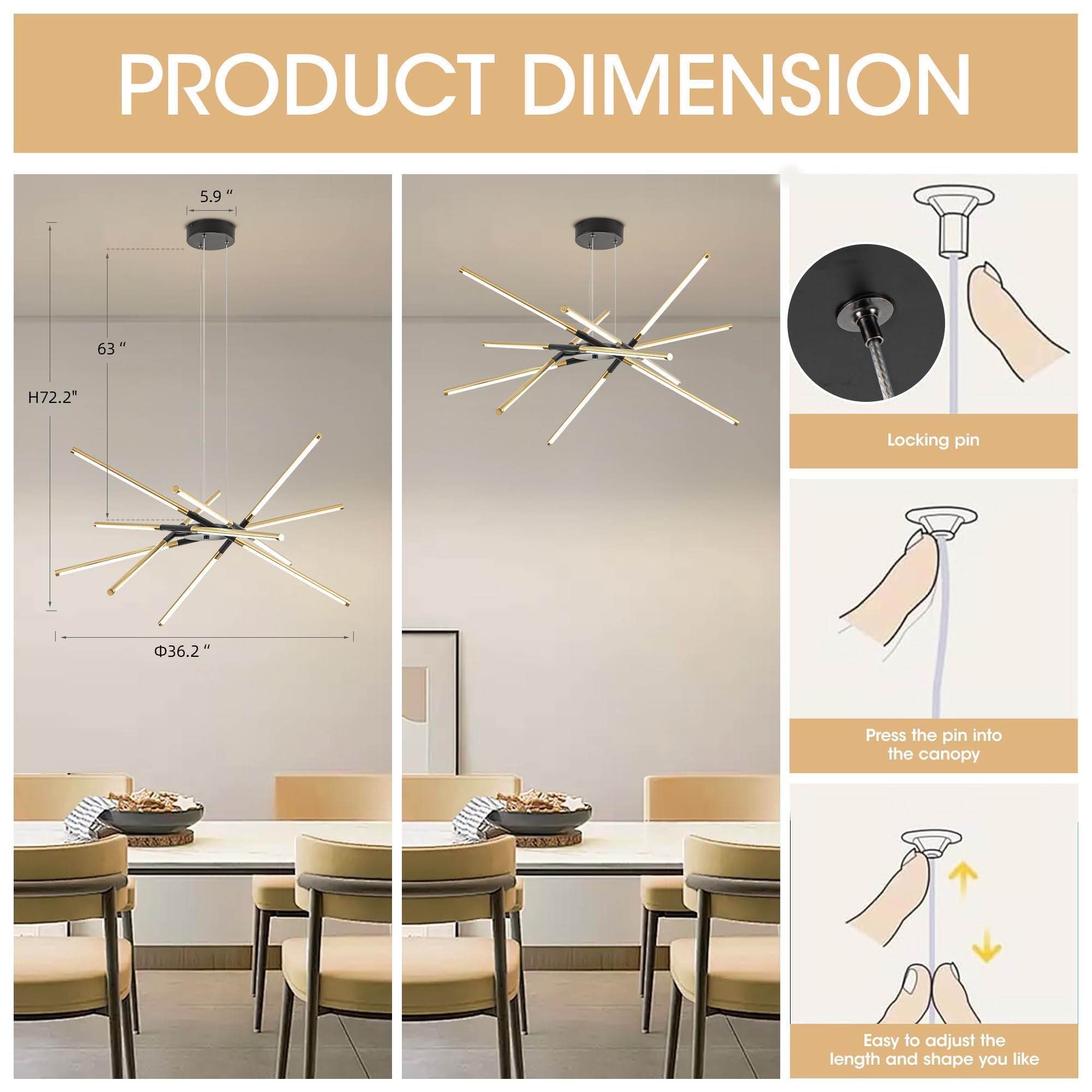 36in Modern LED Chandelier 12 Heads, 48W Dimmable Hanging Ceiling Light in Black and Gold - Adjustable Length for Kitchen Island, Dining Room, Bedroom, Living Room - Perfect for Modern Home Decor, Wedding Lighting, and Restaurant Ambiance