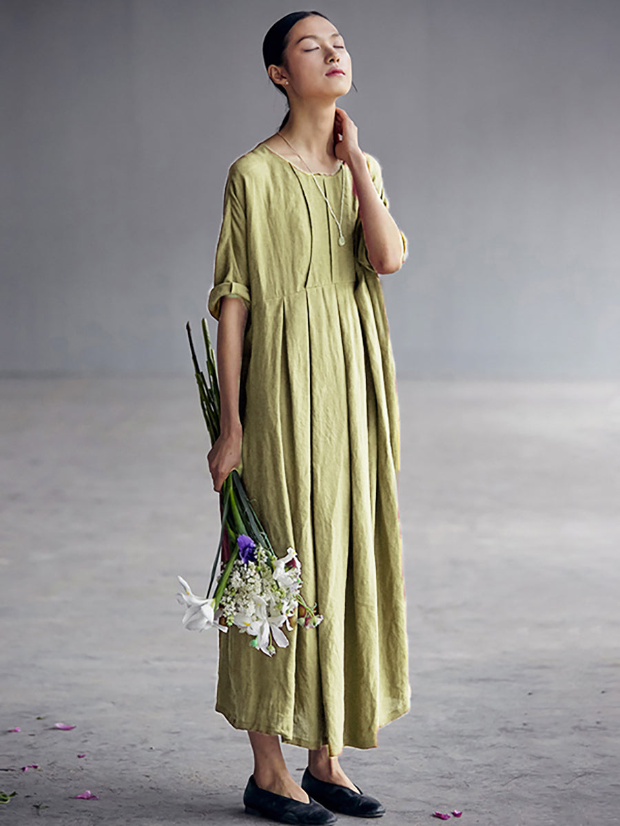 Elegant Plus Size Linen Dress with Pleated Design - Loose Fit Chinese Style for Women - Perfect for Casual Wear, Summer Outfits, and Special Occasions