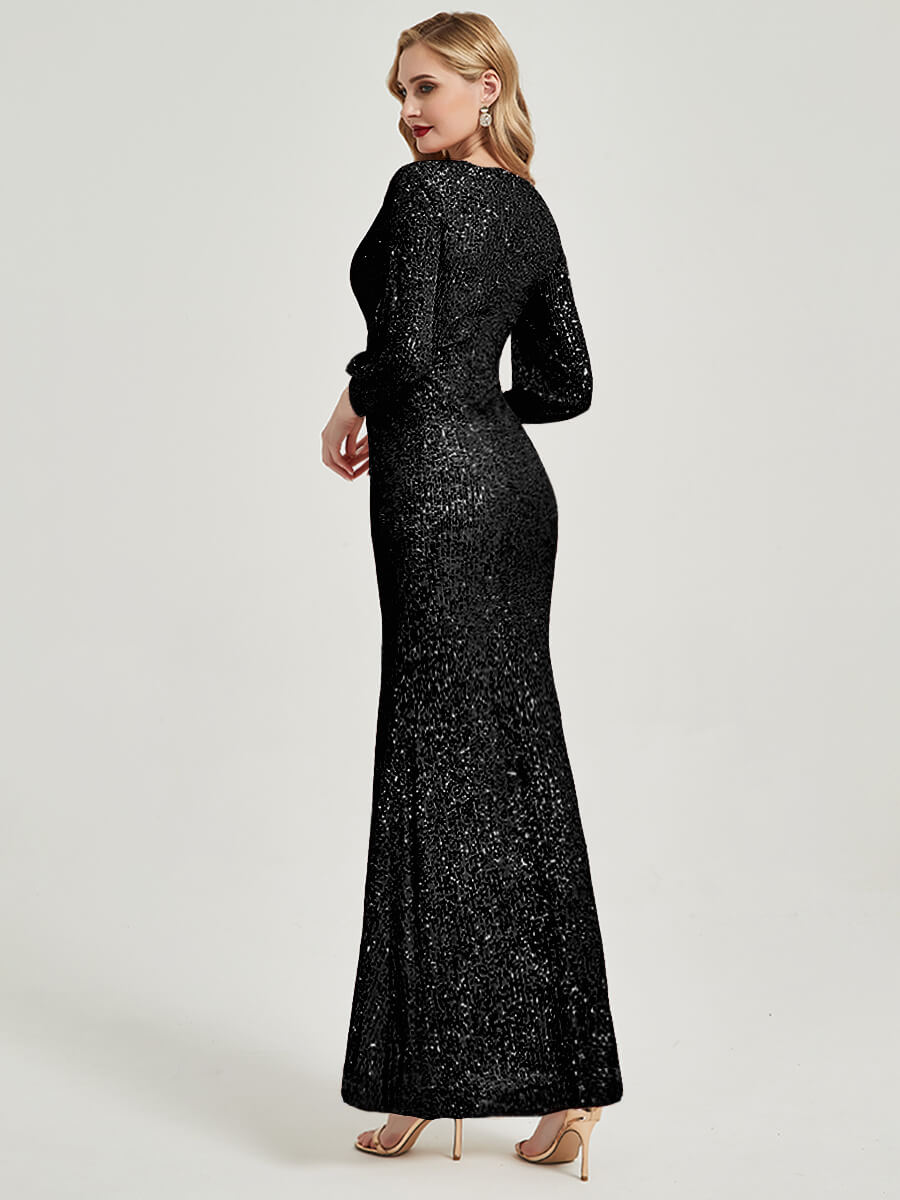 Elegant Black Sequin V-Neck Long Sleeve Mermaid Evening Dress for Women - Perfect for Prom, Gala, Wedding & Formal Events