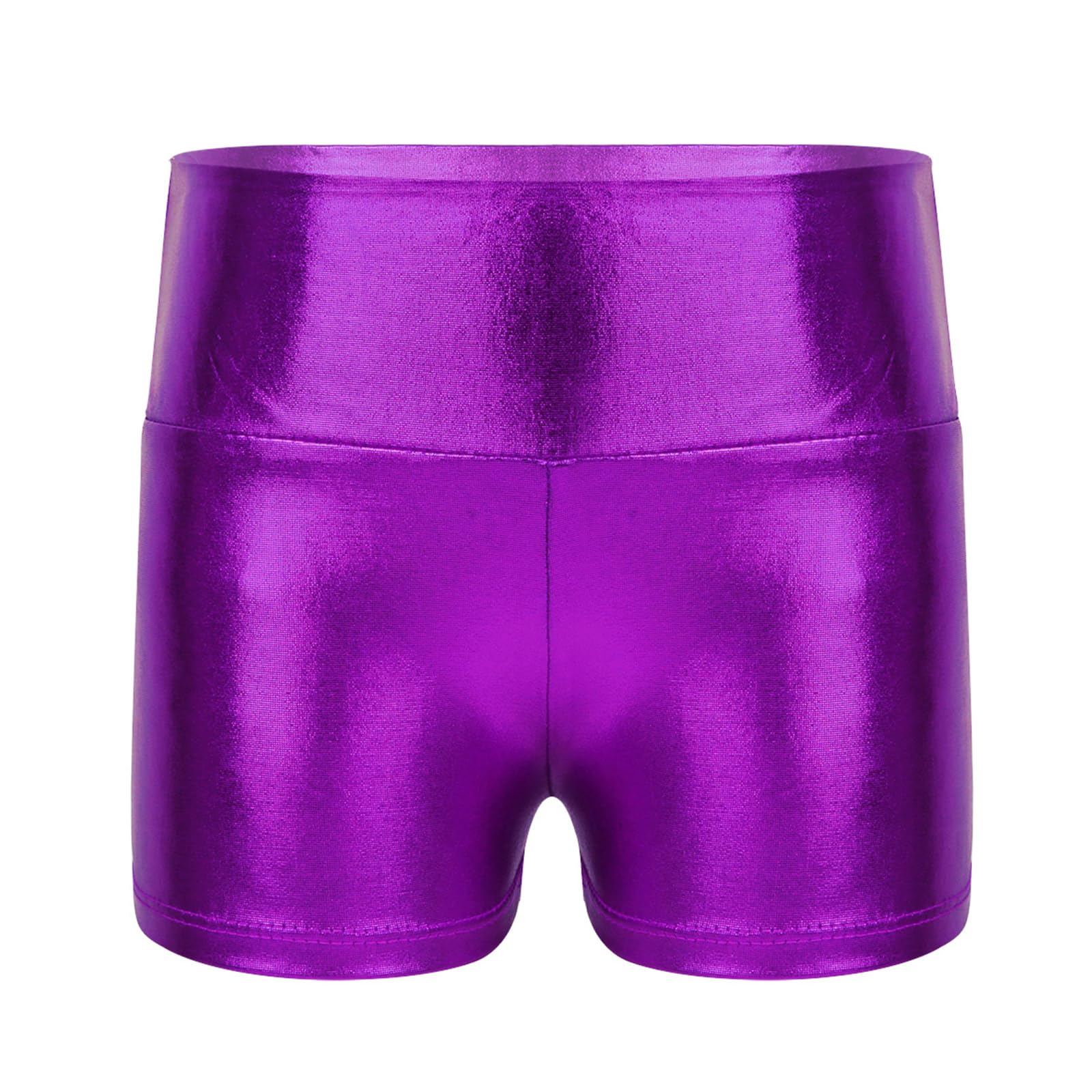 Shiny Metallic Ballet Dance Shorts for Girls - Athletic Sports Gymnastics Workout Booty Shorts - Activewear Bottoms in Purple - Size 14 Years - Perfect for Dance Class, Gymnastics Practice & Casual Wear