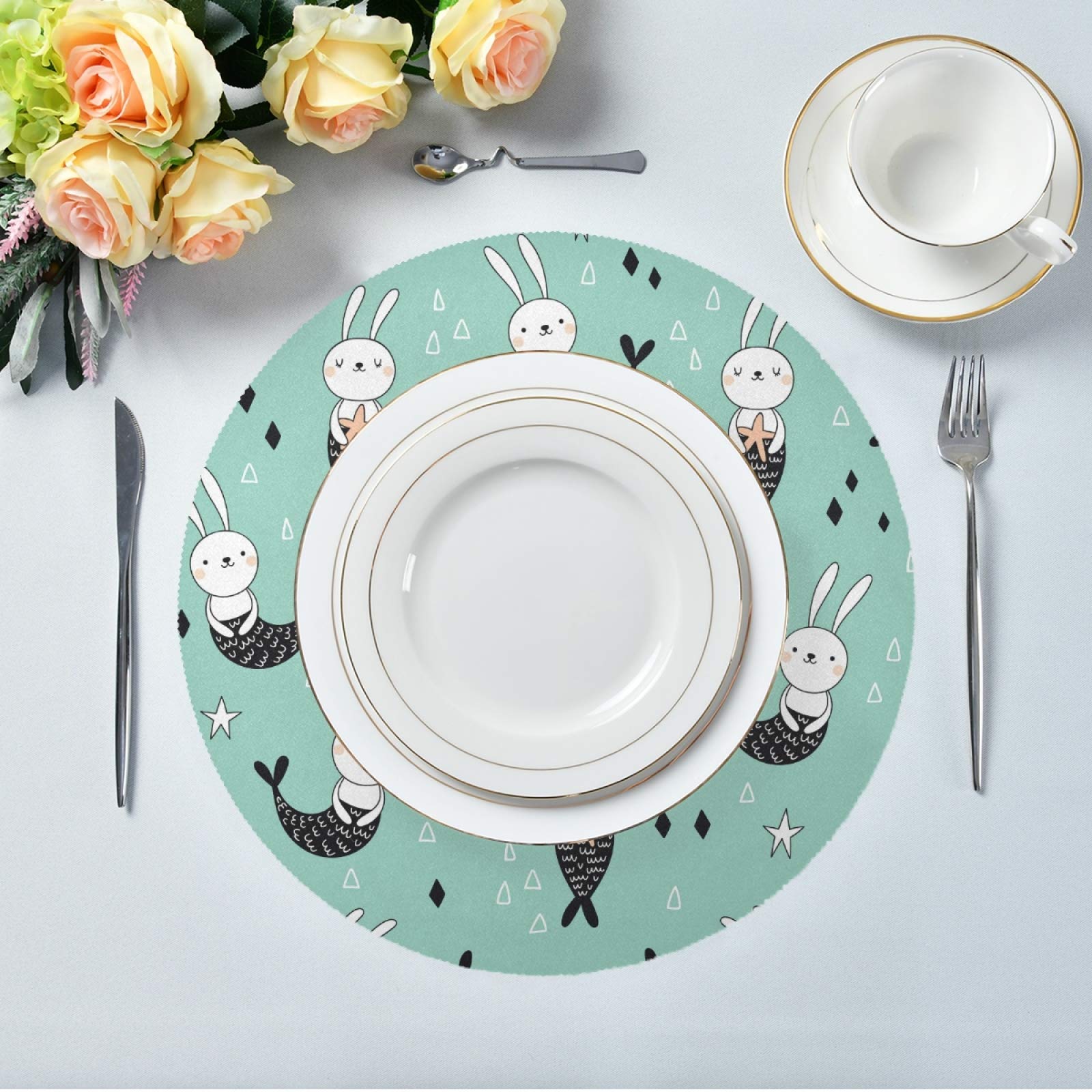 Cute Bunny Rabbit & Mermaid Round Placemat Set - Heat Resistant Washable Table Mats for Dining, Kitchen, Party & Home Decor - Perfect for Everyday Use, Family Gatherings and Themed Events