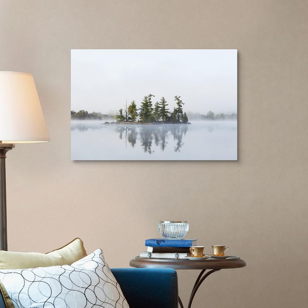 Fog Shrouds Small Island on Turtle Lake in Ontario's Muskoka Region Canvas Wall Art Print - 36