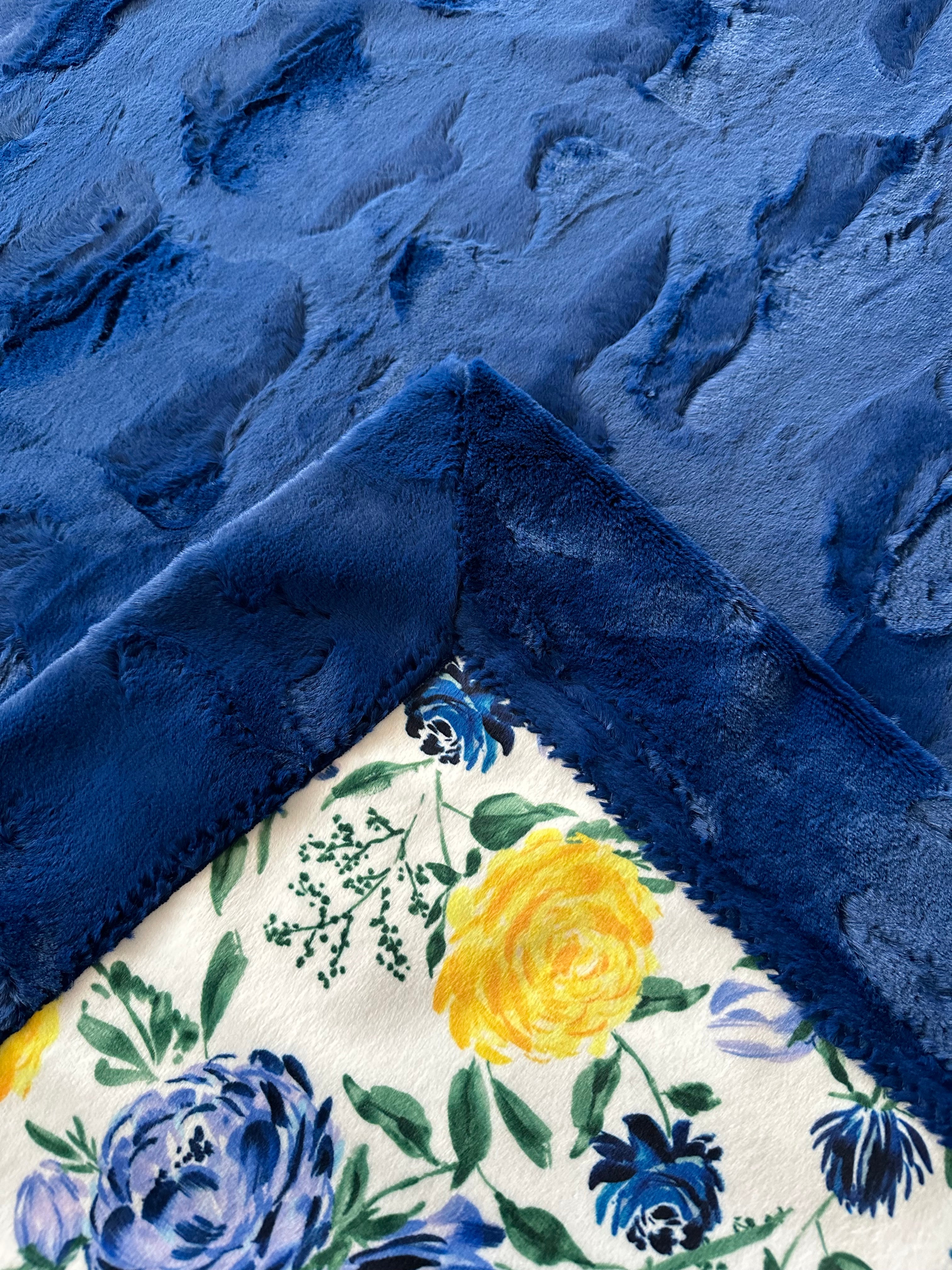 Floral Blue and Yellow Rose on Marble Midnight Large Adult Blanket 53x77 - Soft Cozy Throw for Bed, Sofa & Home Decor