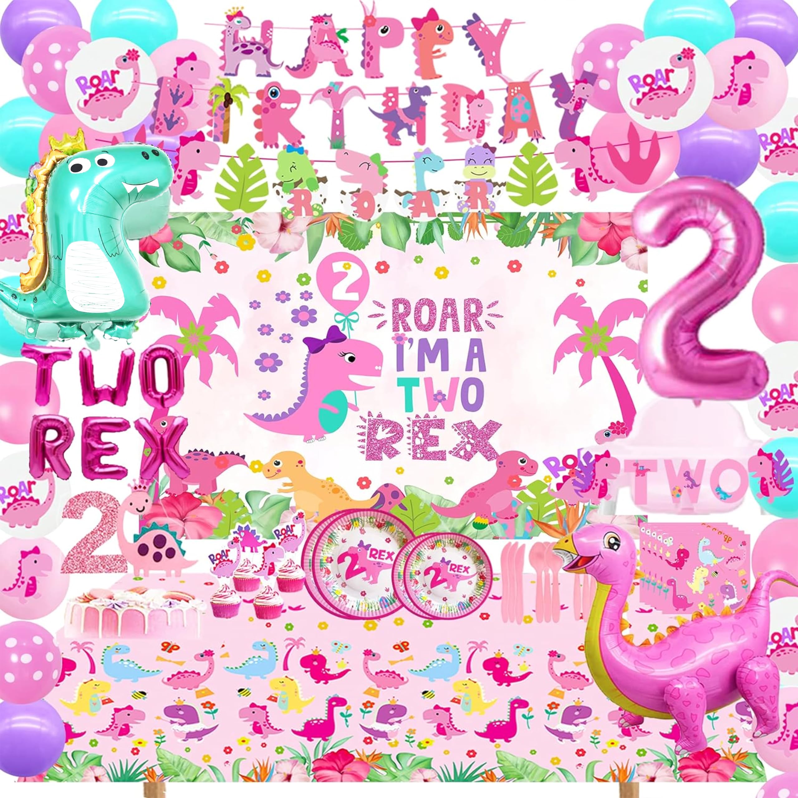 Two Rex Birthday Party Decorations for Girls - Pink Dinosaur 2nd Birthday Party Supplies Set, Dino Theme Cake Toppers, Balloons & Banners for Toddler Girl's Birthday Celebration