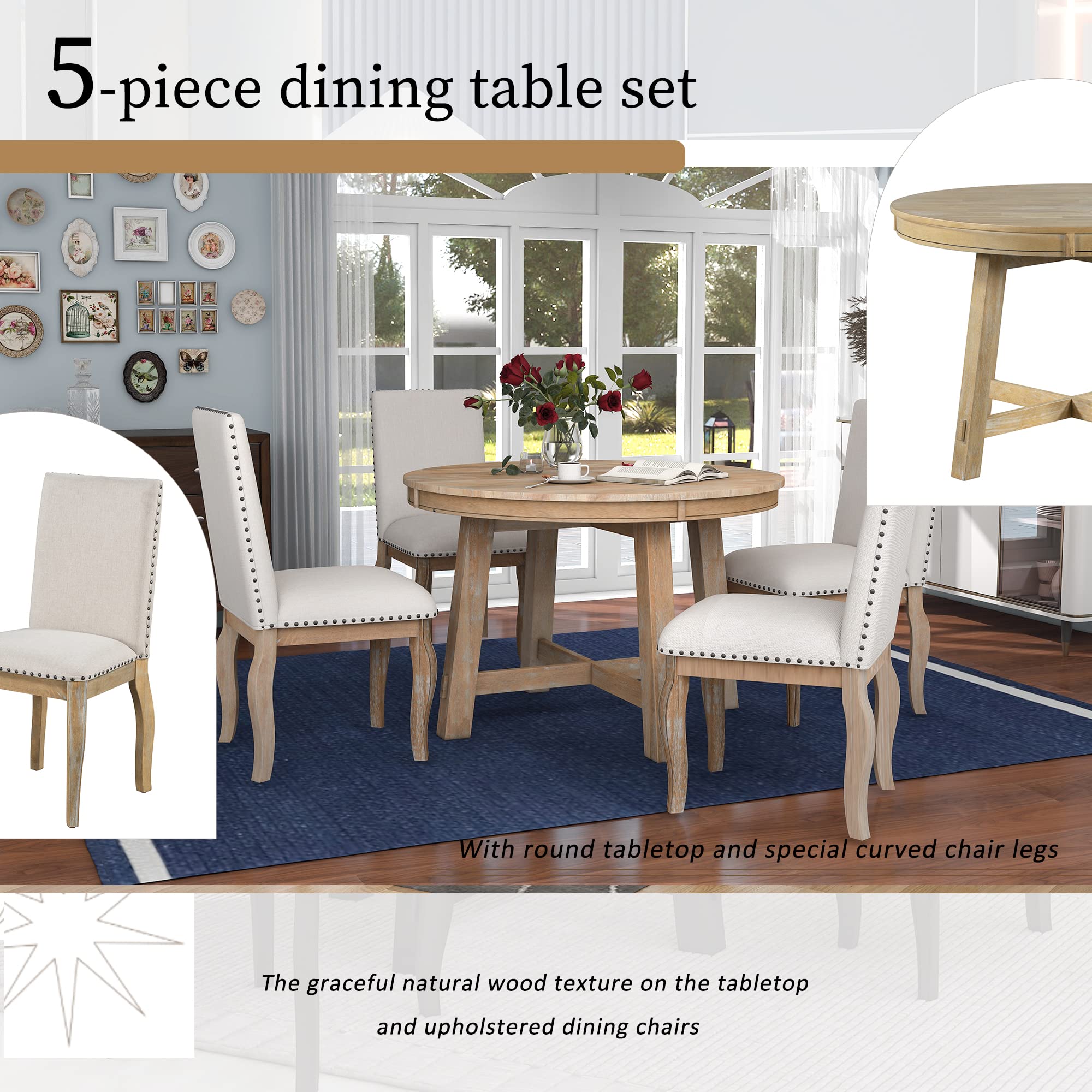 5-Piece Extendable Round Dining Table Set with 4 Upholstered Chairs - Farmhouse Retro Style Wooden Table for 4-6 People - Natural Wood Finish - Perfect for Small Kitchens, Dining Rooms & Cozy Family Gatherings