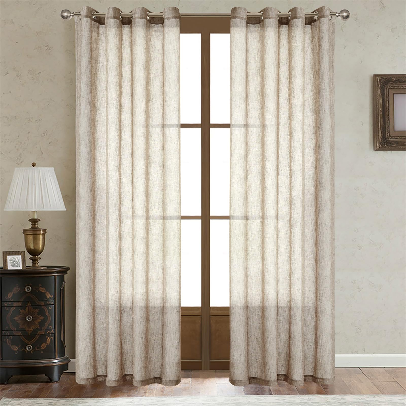 LOYOLADY Burlap Linen Curtains 84 Inches Long - 2 Panels Set, Semi Sheer Window Drapes for Bedroom & Living Room (72