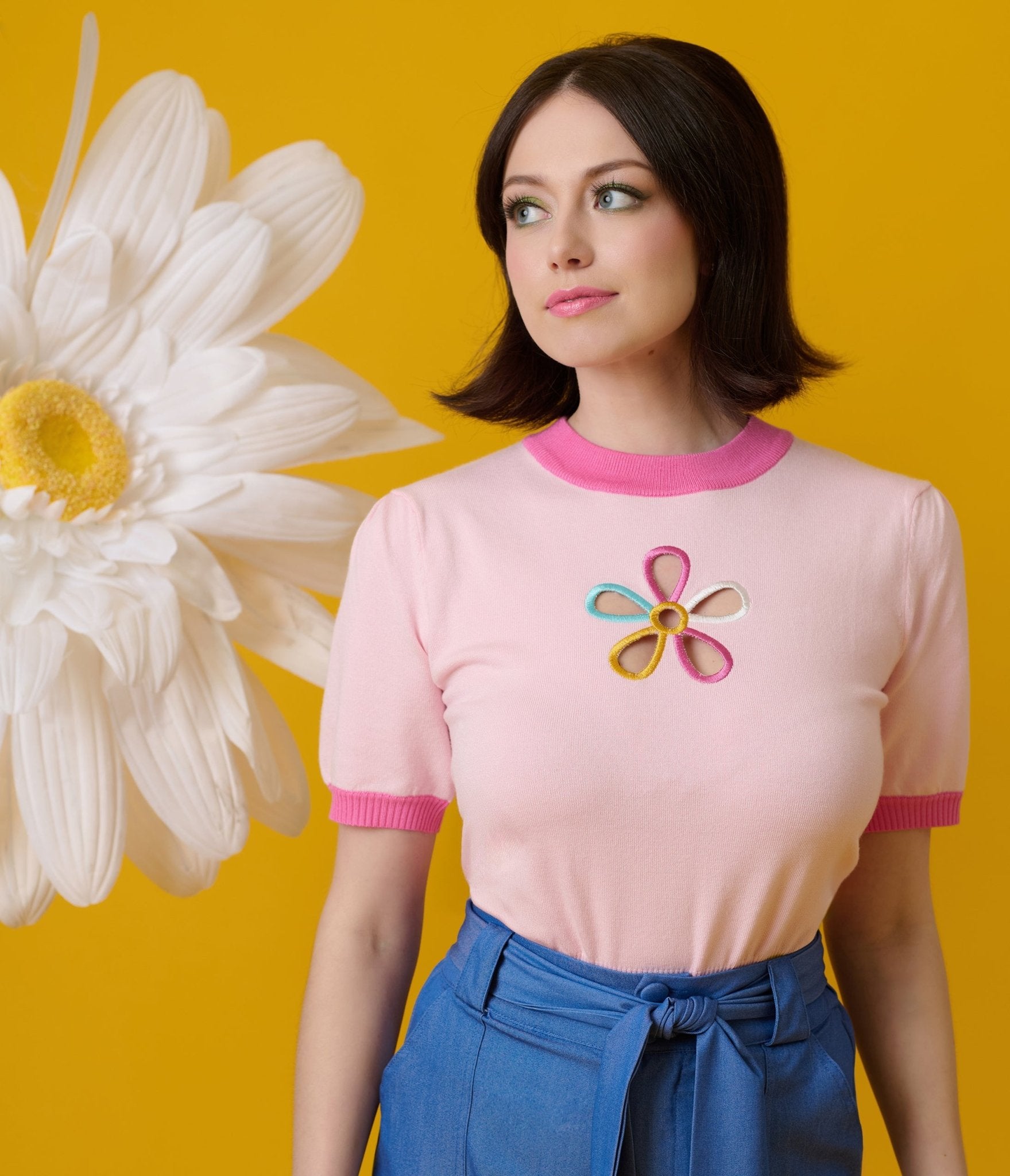Smak Parlour Women's Pink & Rainbow Floral Cutout Sweater - Stylish Knit Pullover for Casual Outings, Date Nights & Fall Fashion