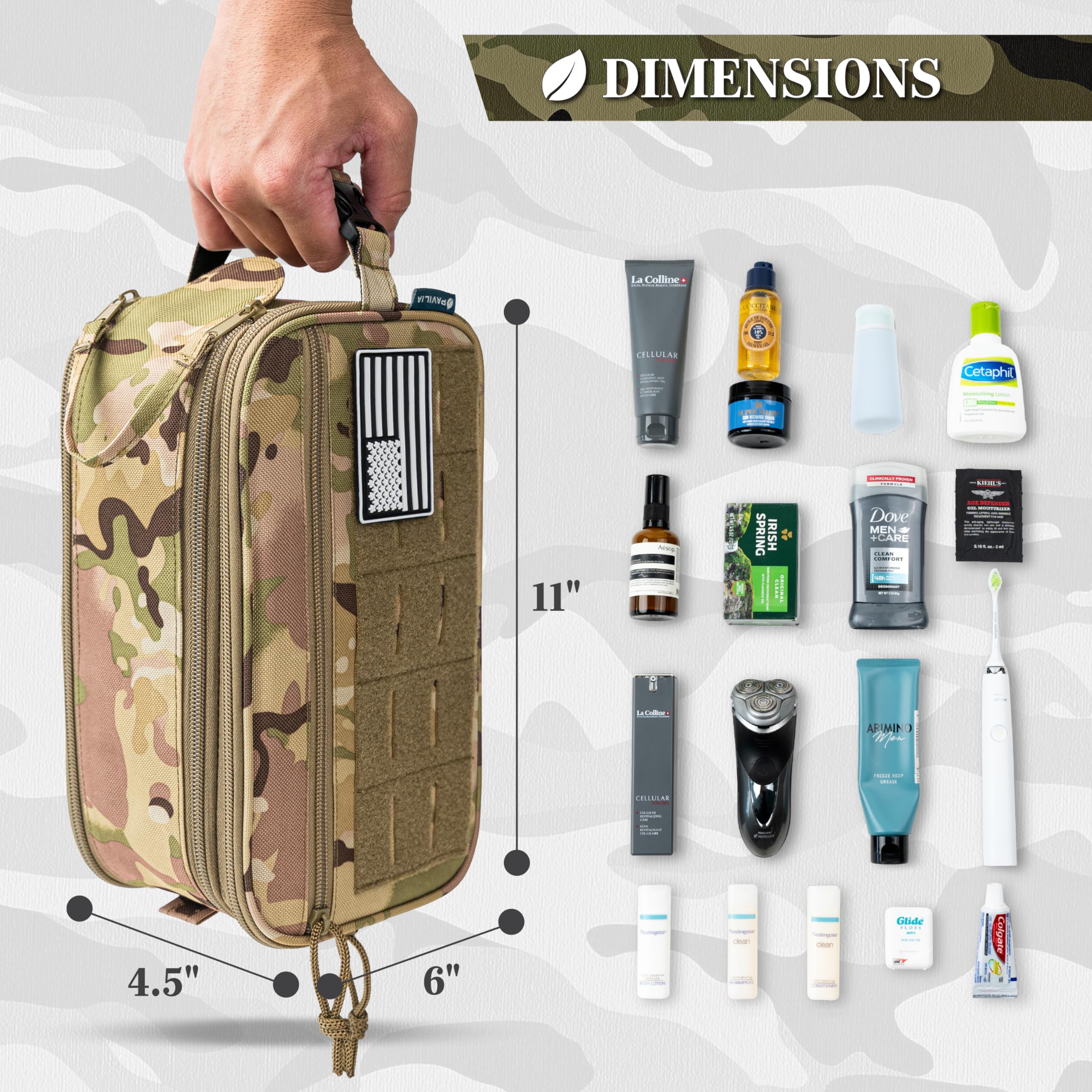 Pavilia Tactical Toiletry Bag for Men - Waterproof Military Dopp Kit with Molle Pouch | Travel Shaving Grooming Essentials Organizer | Compact Bathroom Shower Toiletries Case (Camo) - Perfect for Camping, Gym & Business Trips