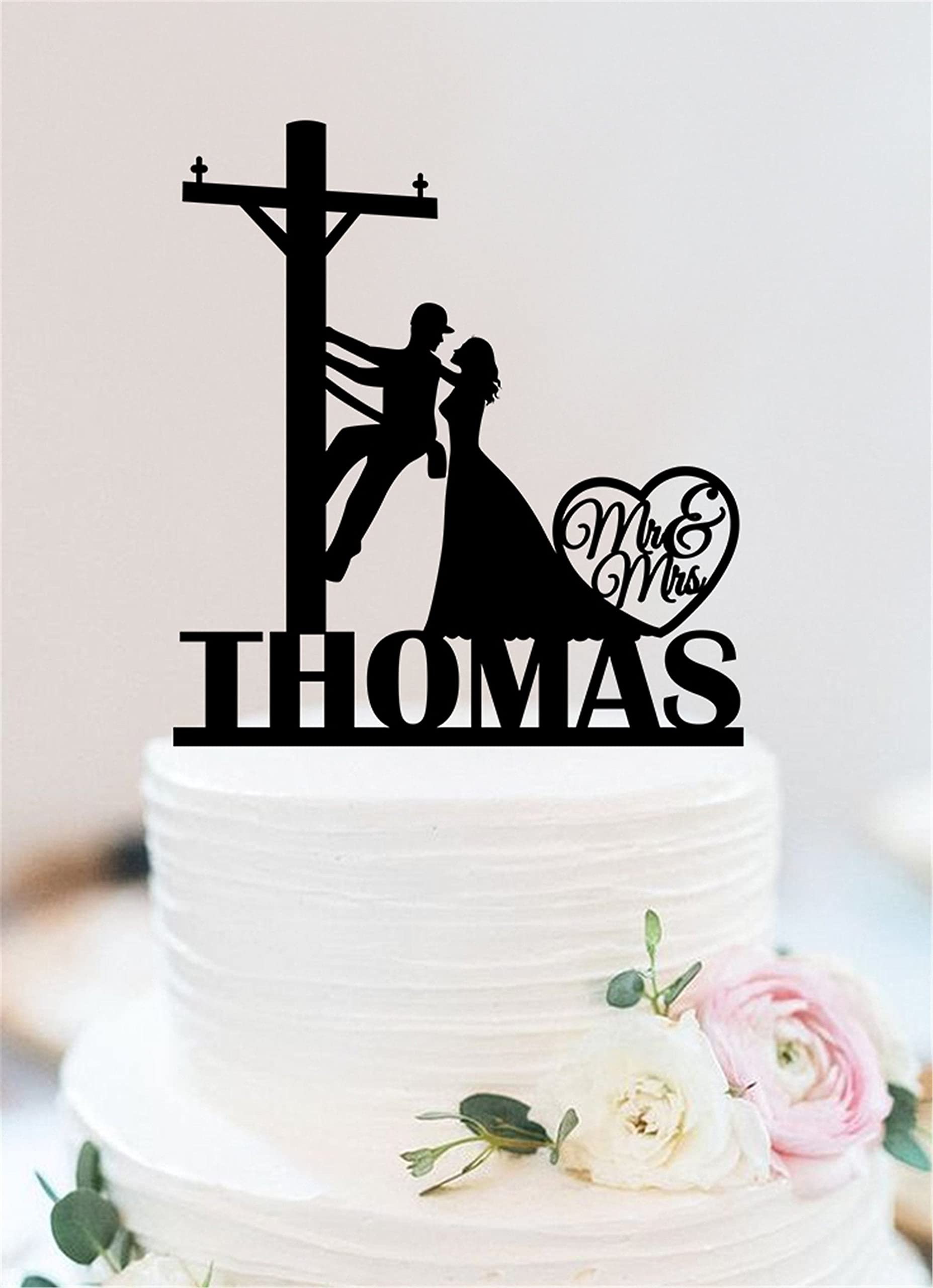 Custom Electrician Wedding Cake Topper - Personalized Name & Color Rustic Cake Decor for Lineman & Power Couple - Perfect for Electrician-Themed Weddings, Anniversaries & Bridal Showers