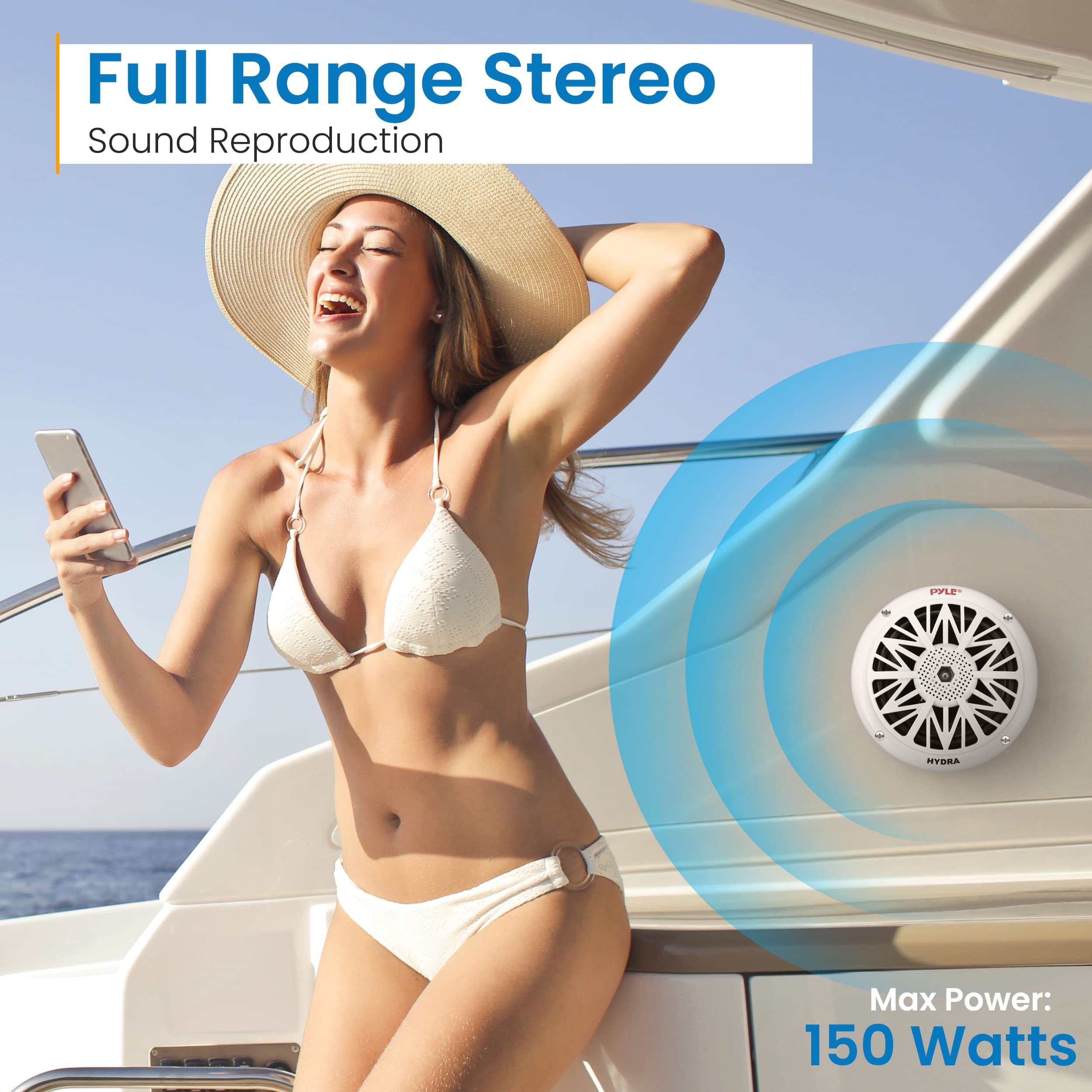 Pyle 5.25 Inch Dual Marine Speakers - 2 Way Waterproof Weatherproof Outdoor Stereo Sound System with 150W Power, Poly Carbon Cone, Cloth Surround, Low Profile Design - Perfect for Boats, Pools, and Patios