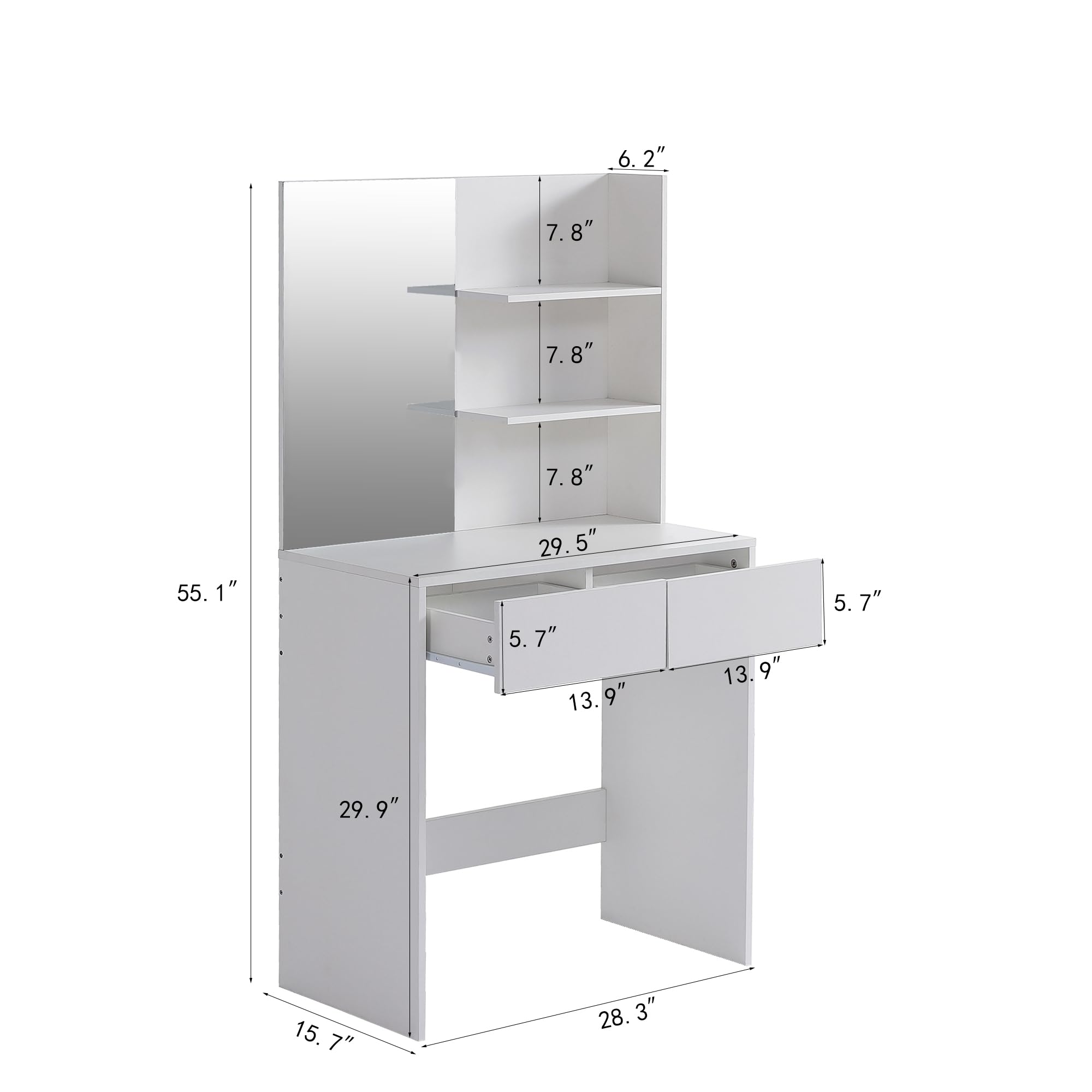 Modern Vanity Desk with Mirror, 2 Drawers & Open Shelves - Elegant Dressing Table for Bedroom in Antique White | Perfect Makeup Station & Jewelry Organizer for Women