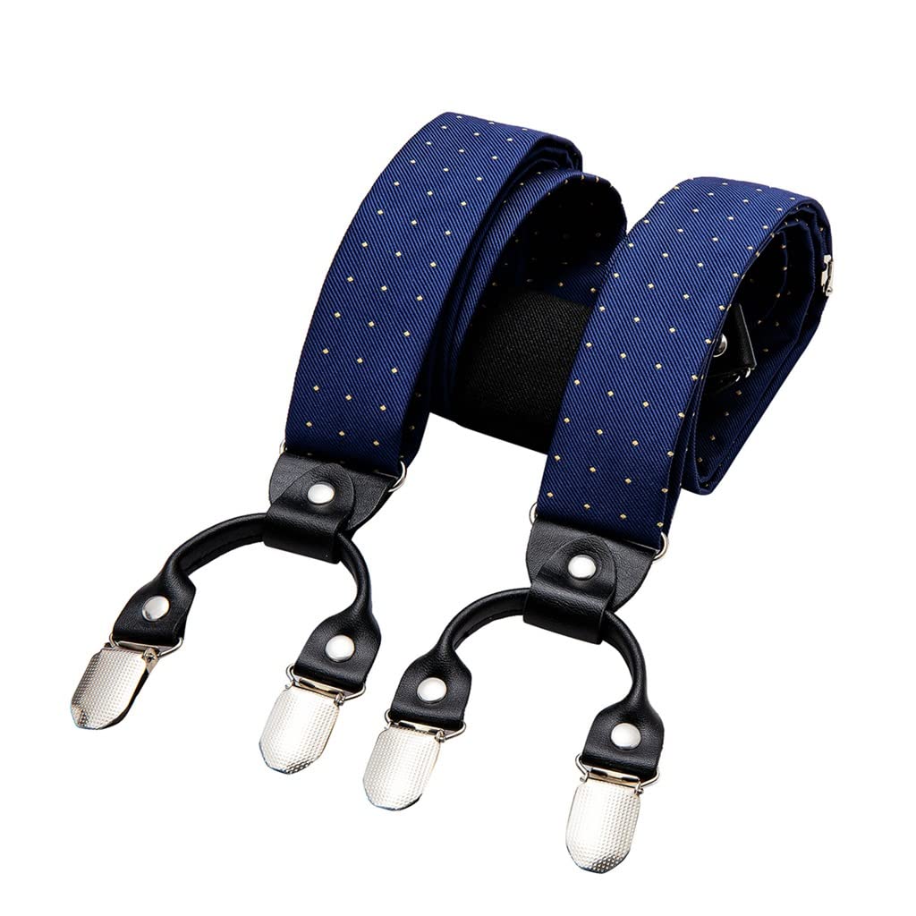 Premium Men's Silk Tie & Adjustable Leather Suspenders Set - Western Style Trousers Braces with 6 Clips (Blue, One Size) - Perfect for Formal Events, Weddings & Vintage Fashion Outfits