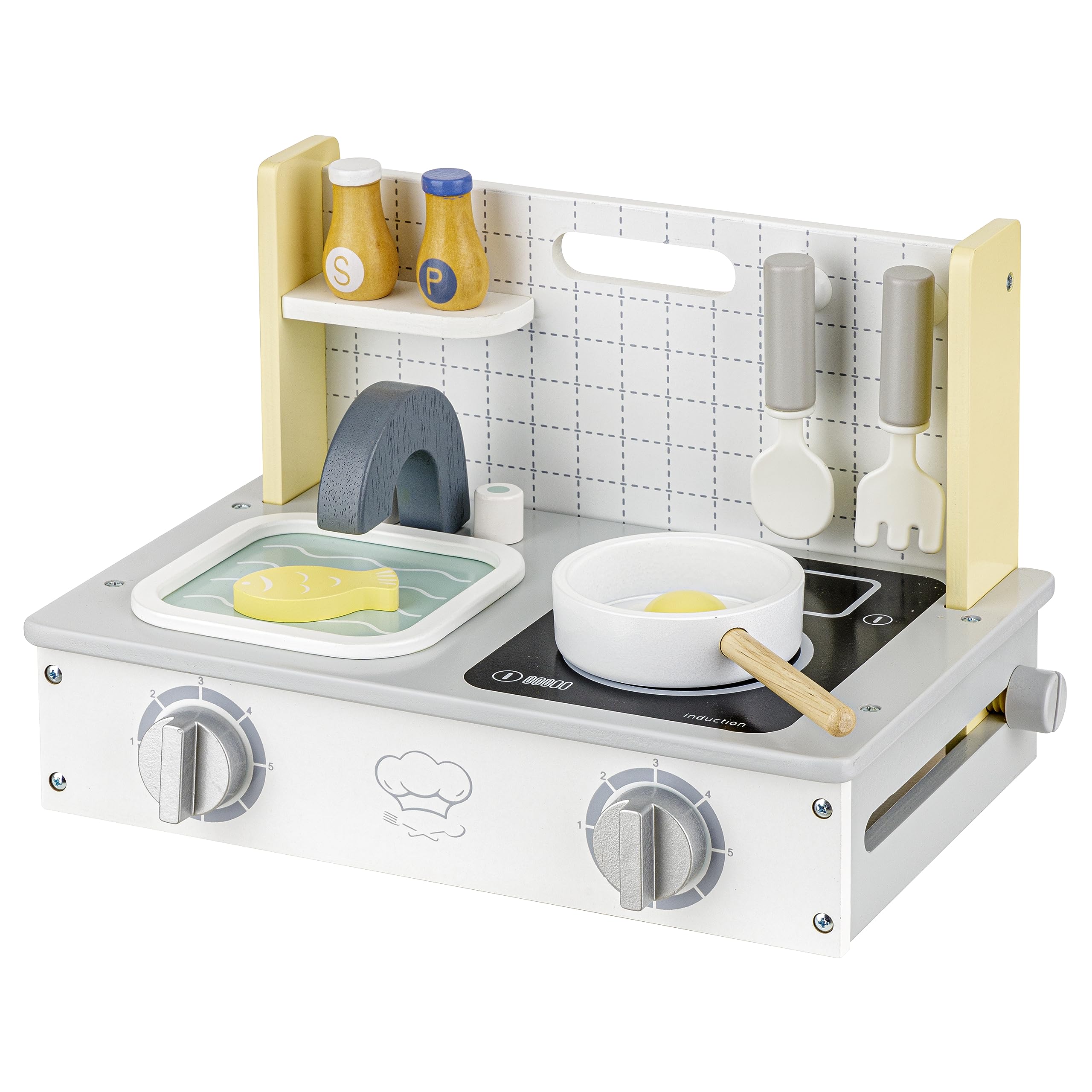 Baroni Toys Montessori Wooden Portable Kitchen Playset for Kids Ages 3-7 - Educational Pretend Play Toy with Sink & Accessories - 34 x 22 x 23 cm - Perfect for Home, Preschool & Daycare Role Playing Activities