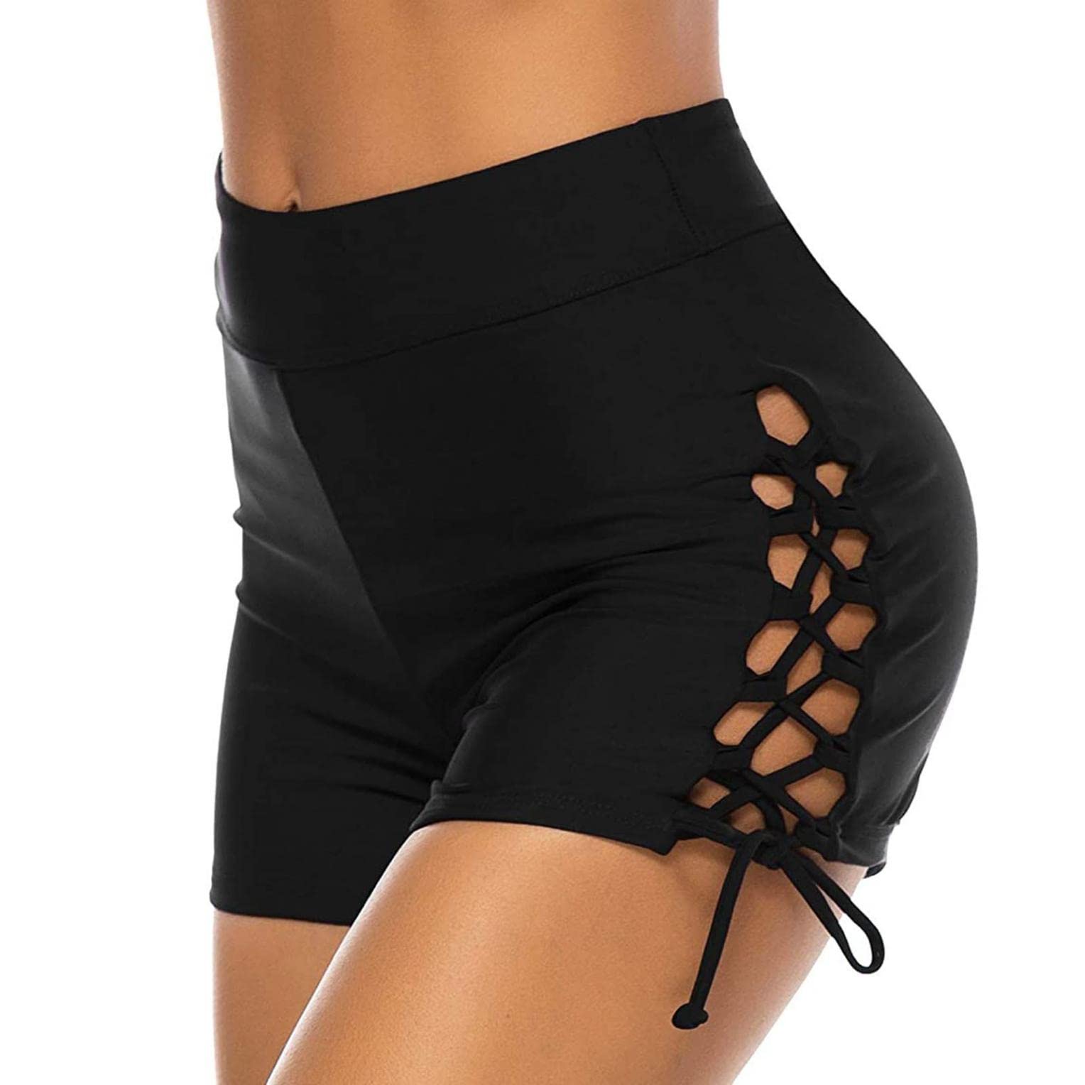 **Nyybw Women's High Waisted Swim Shorts – Lace Up Hollow Out Boyshort Bathing Suit with Elastic Waist – Perfect for Beach, Pool, and Water Sports**