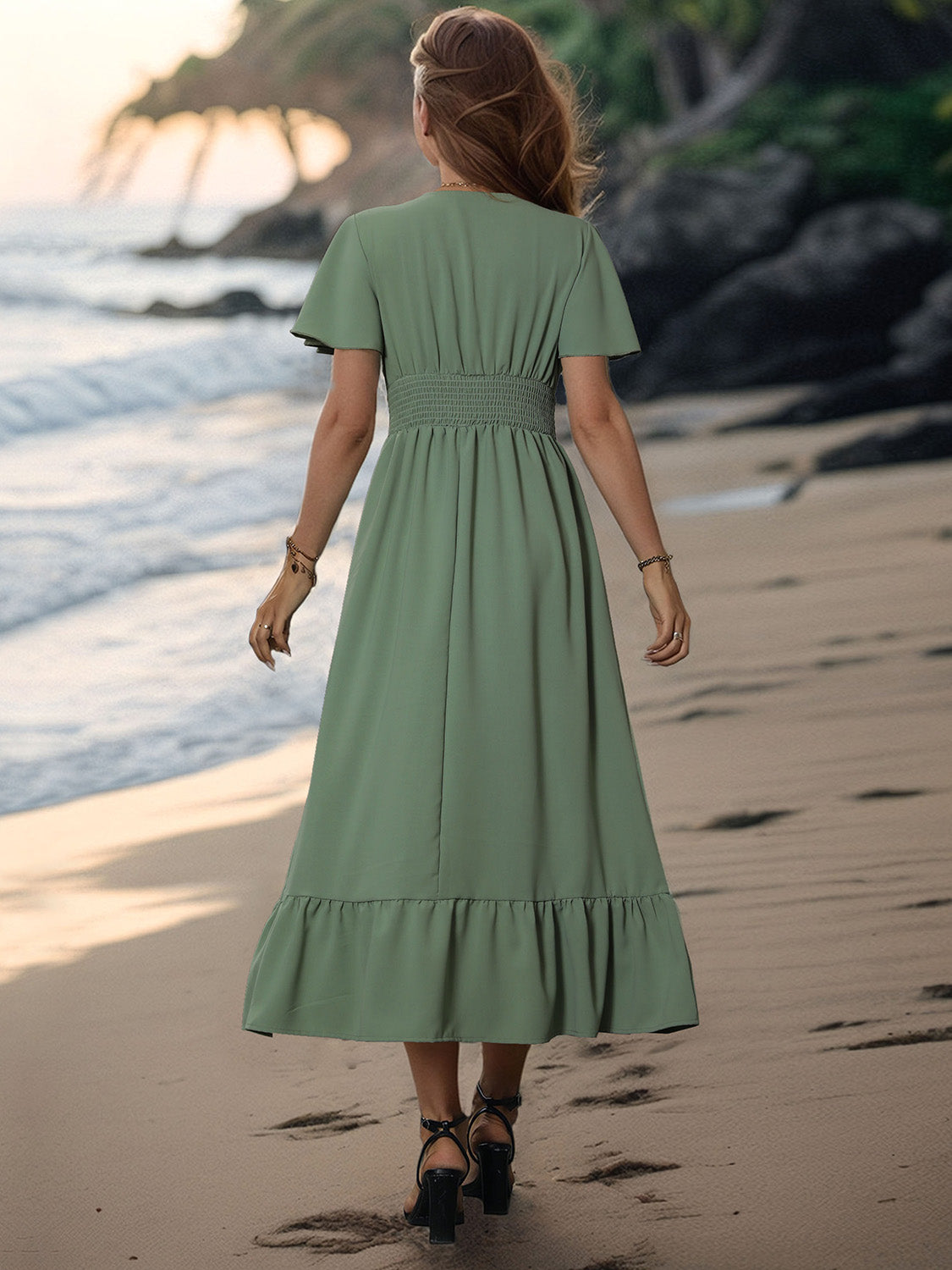 Elegant Surplice Flutter Sleeve Midi Dress for Women | Summer Vacation & Beach Wear | Perfect for Resort Getaways, Date Nights and Tropical Holidays