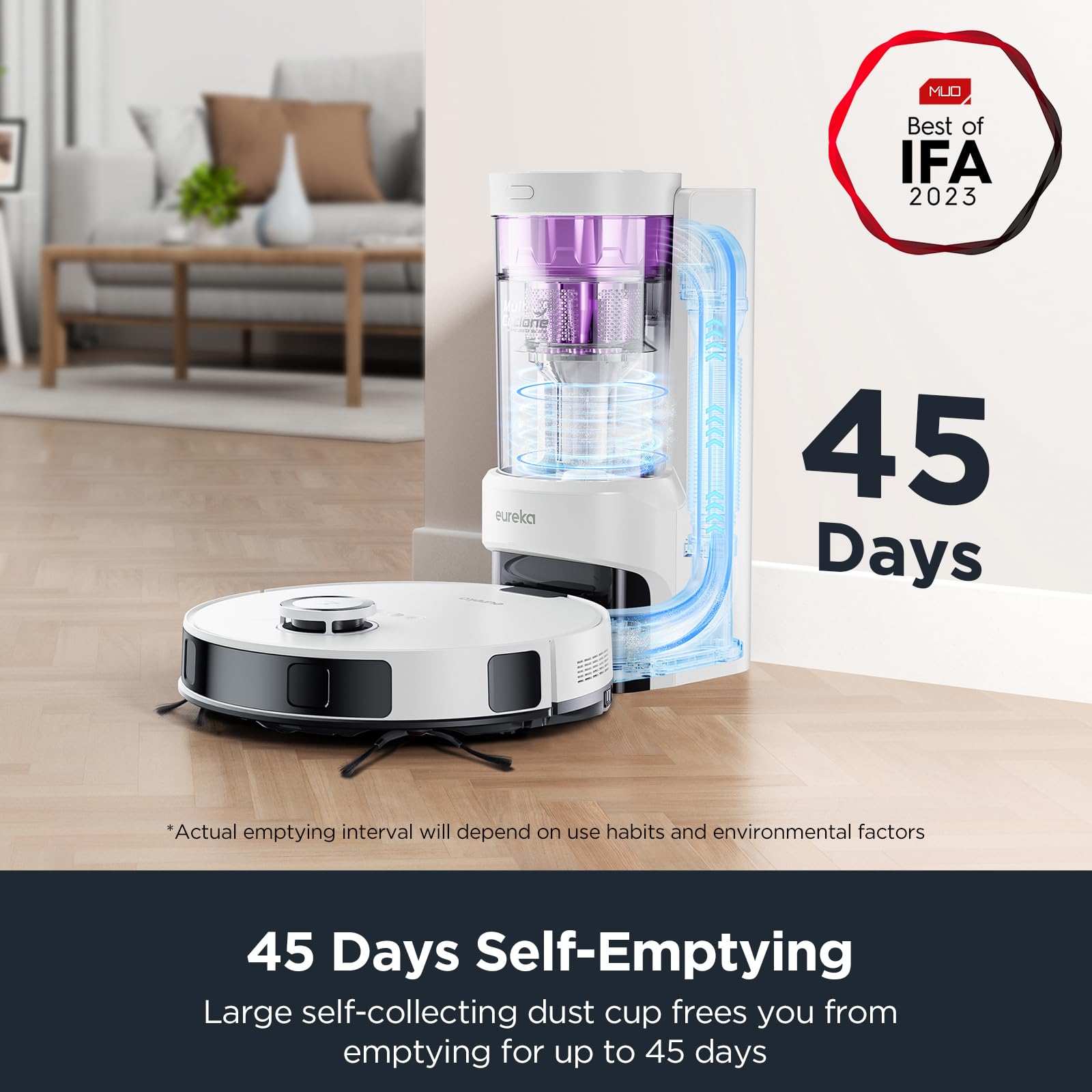 Eureka E10s Robot Vacuum and Mop Combo with Self-Emptying Station - 4000Pa Strong Suction for Pet Hair, Carpets & Hard Floors - 45-Day Capacity, Bagless Design, Auto-Lifting Mop, WiFi App Control (White) - Perfect for Smart Homes with Pets and Multi-Surface Cleaning