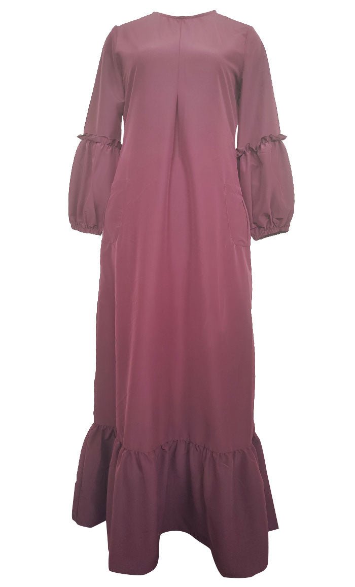 Elegant Maroon Kashibo Abaya with Ruffle Detailing Sleeves - Perfect for Prayer, Special Occasions & Modest Fashion