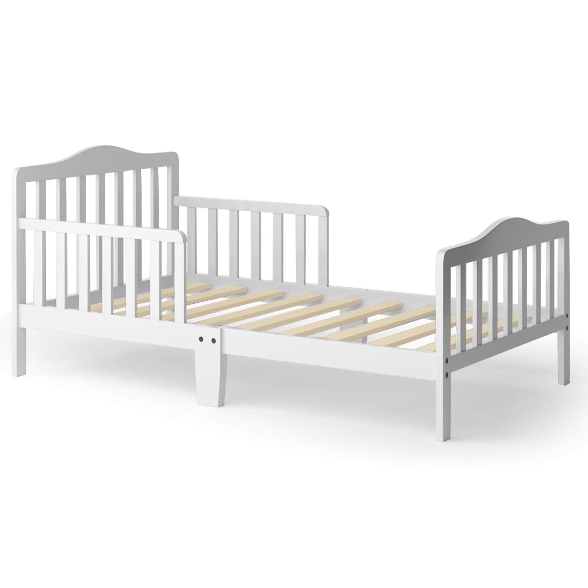 HONEY JOY Toddler Bed Frame - Solid Rubber Wood with Safety Guardrail, Fits Full Size Crib Mattress (Not Included) | Classic Kids Bedroom Furniture for Boys & Girls (White) - Perfect for Nursery, Daycare & Children's Bedrooms