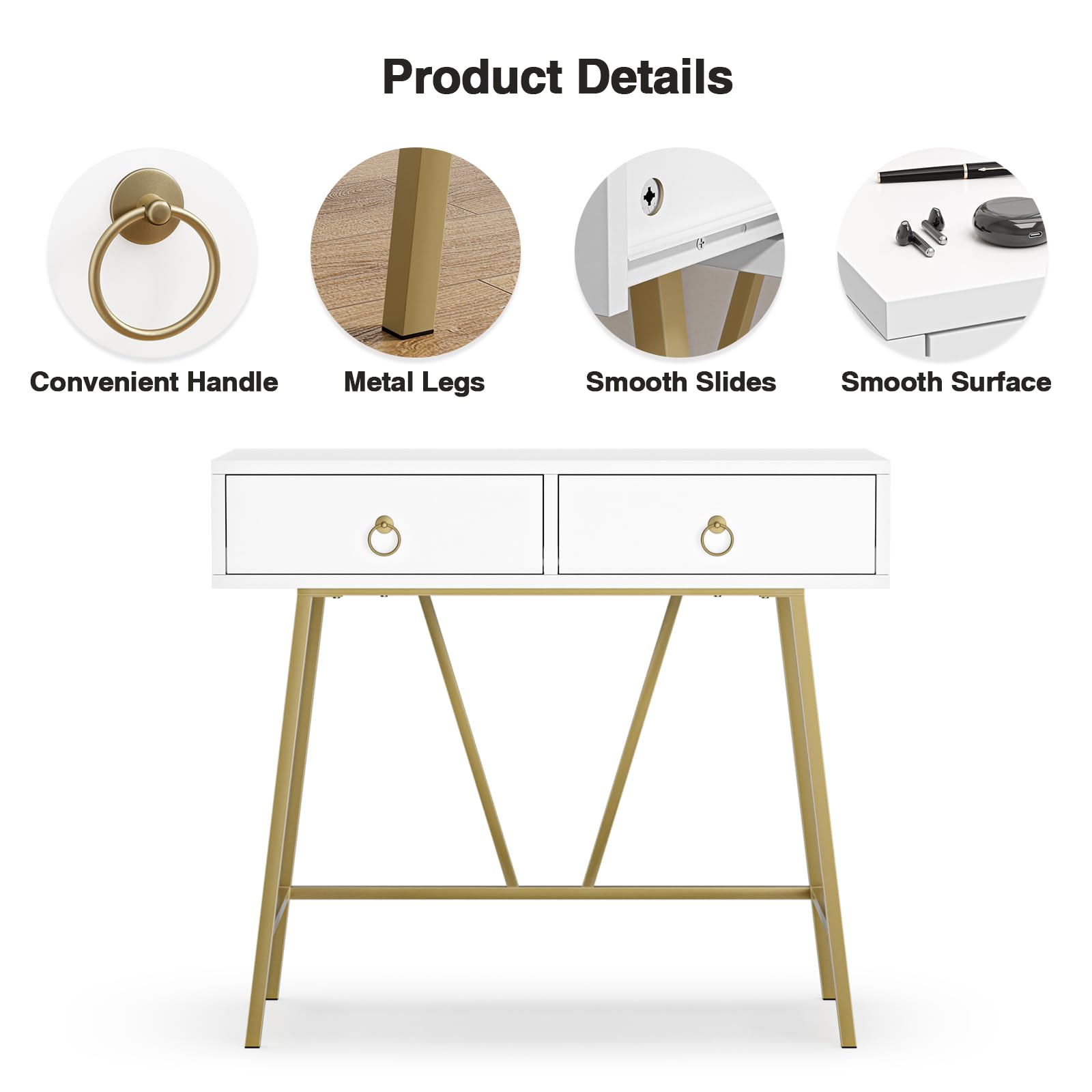 Anmytek 35.4 Inch Modern White Home Office Desk with 2 Drawers & Golden Legs - Study Writing Computer Makeup Vanity Table for Small Spaces, Dorm Room, Bedroom Workspace (Model D0002)