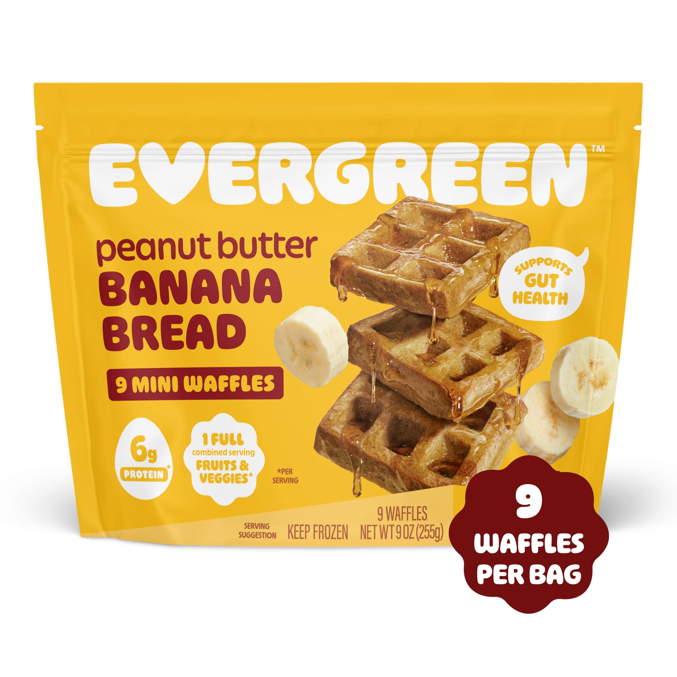 Evergreen Peanut Butter Banana Bread Waffles - 100% Whole Grain, Dairy-Free, No Preservatives | 1 Full Serving of Fruits & Vegetables | Supports Gut Health | 9 Frozen Waffles per Bag | Perfect for Breakfast, Snacks & Healthy Family Meals