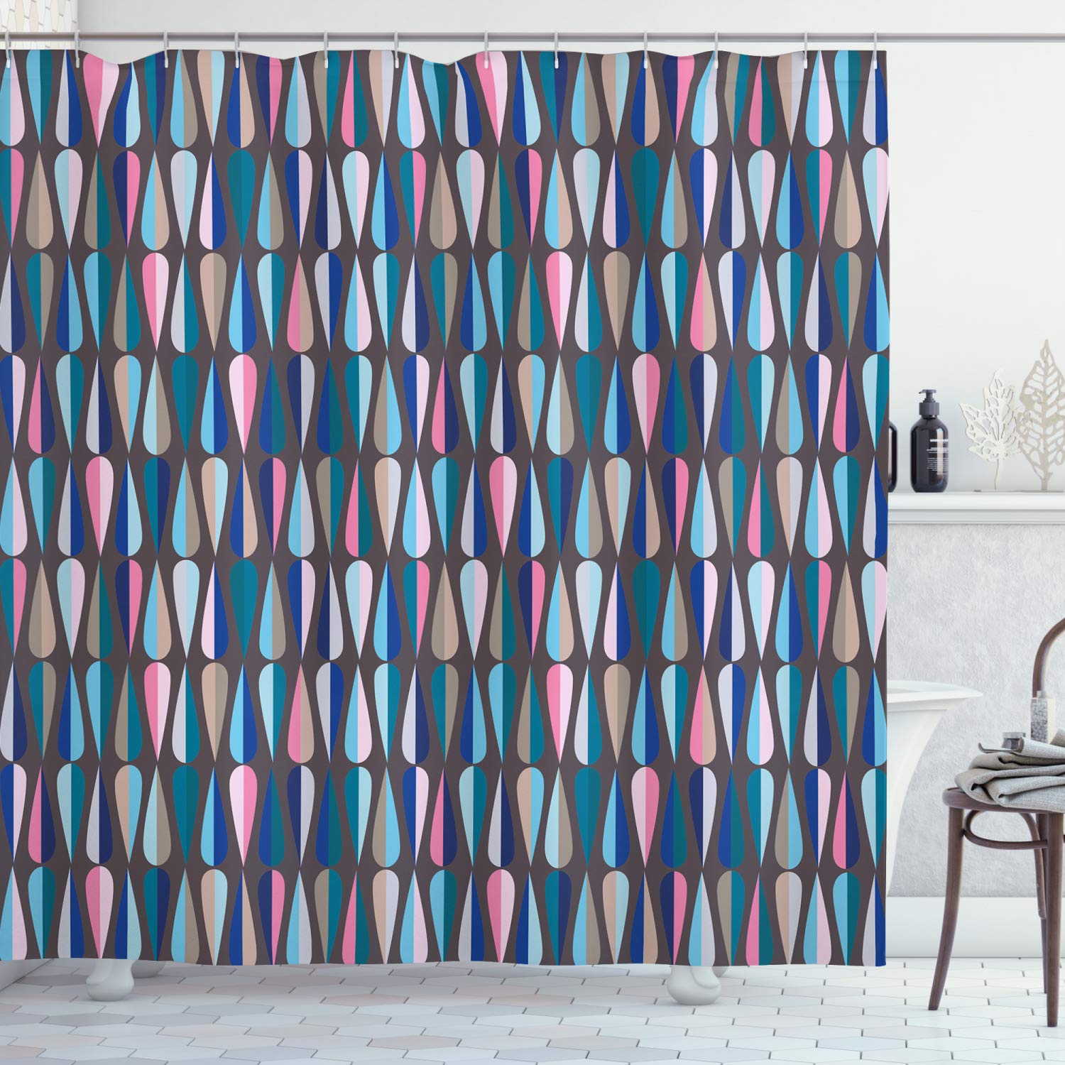 Ambesonne Mid Century Modern Shower Curtain - Retro Droplet Mosaic Pattern Bathroom Decor Set with Hooks, 69x70 Inches, Multicolor | Vintage Style Waterproof Fabric for Bath & Shower