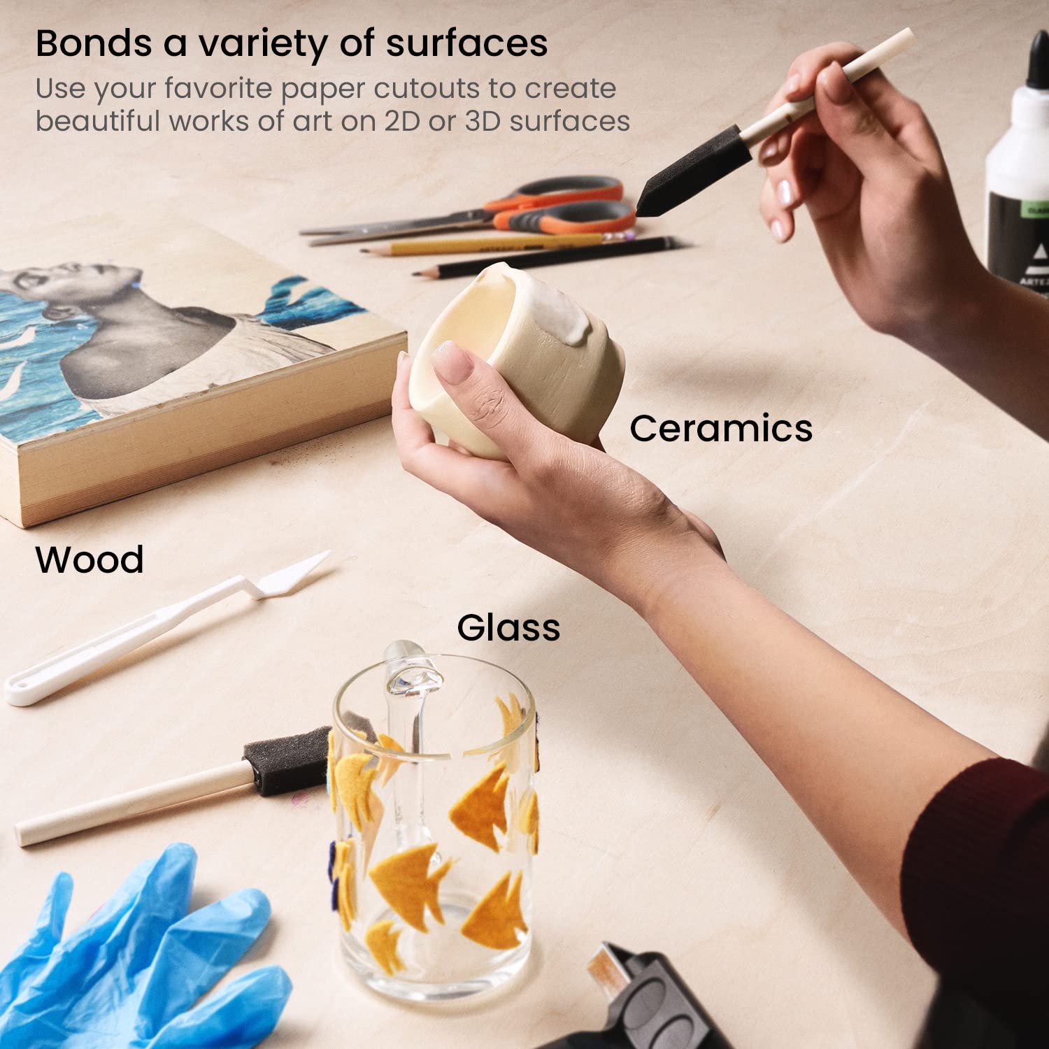 Arteza Decoupage Glue Craft Kit - 8oz Gloss & Matte Finish Glue with Foam Brushes, Spreader Tools & Gloves - Perfect for Paper Crafts, Scrapbooking, Home Decor & DIY Projects - Ideal for Artists, Crafters & DIY Enthusiasts