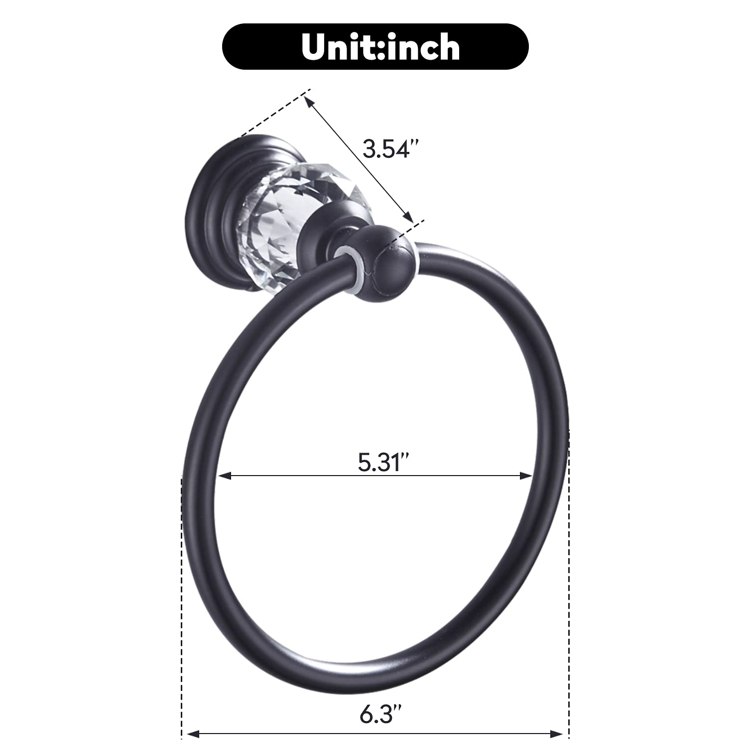 WINCASE Matte Black Crystal Towel Ring - Wall Mounted Bathroom Hand Towel Holder & Round Towel Hanger Rack for Modern Home Decor | Perfect for Guest Bathrooms, Powder Rooms & Spa-Style Showers