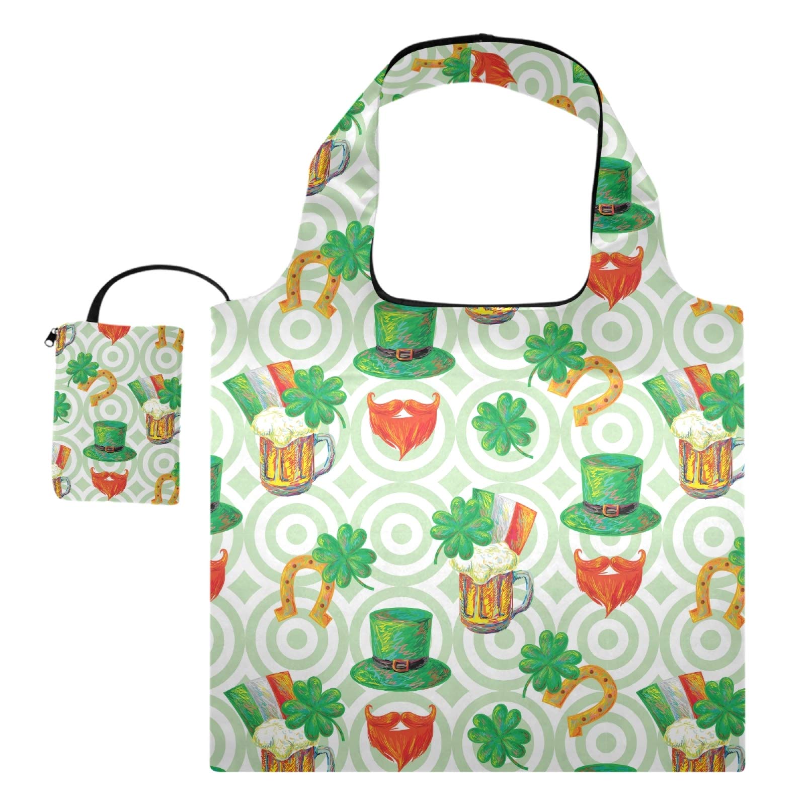 Eco-Friendly Reusable Grocery Shopping Bags - Foldable Lightweight Cotton Tote with Pouch for Beer, Clover & Horseshoe Lovers | Perfect for Groceries, Farmers Market & Beach Trips