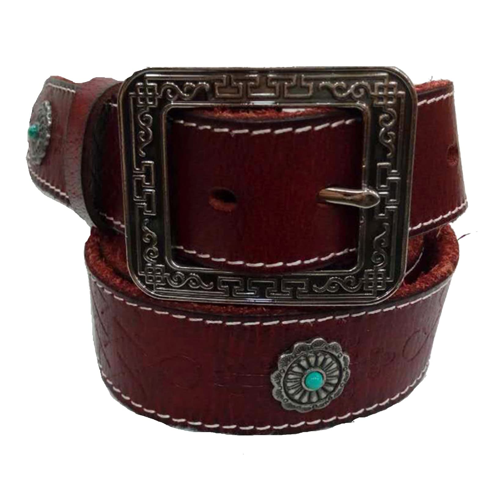Punk Style Metal Rivet Belt with Floral Embossed Design - Adjustable 105cm for Women & Men - Perfect for Jeans, Skirts & Gothic Fashion Outfits (Red)