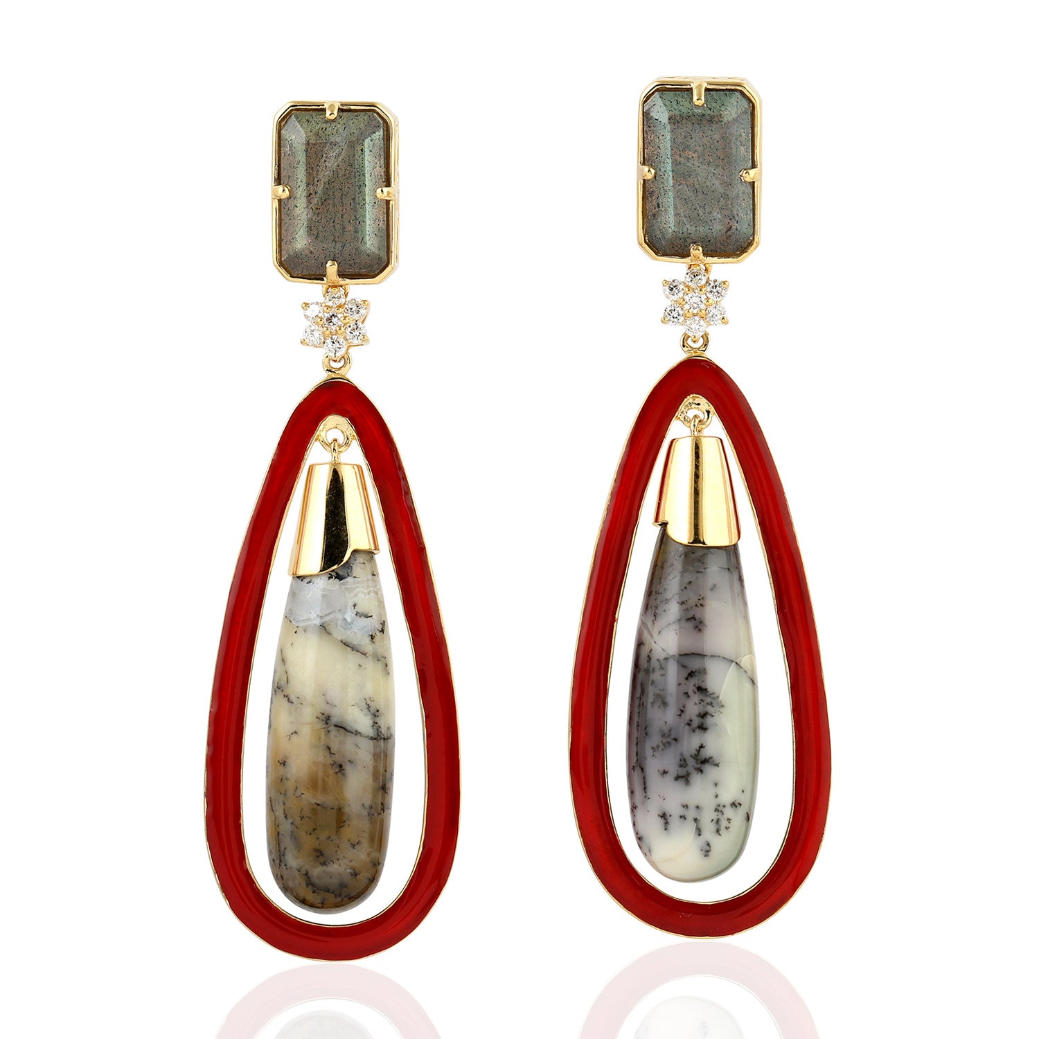18K Yellow Gold Agate Labradorite Gemstone Prong Diamond Dangle Earrings - Elegant Statement Jewelry for Women, Perfect for Weddings, Parties & Special Occasions