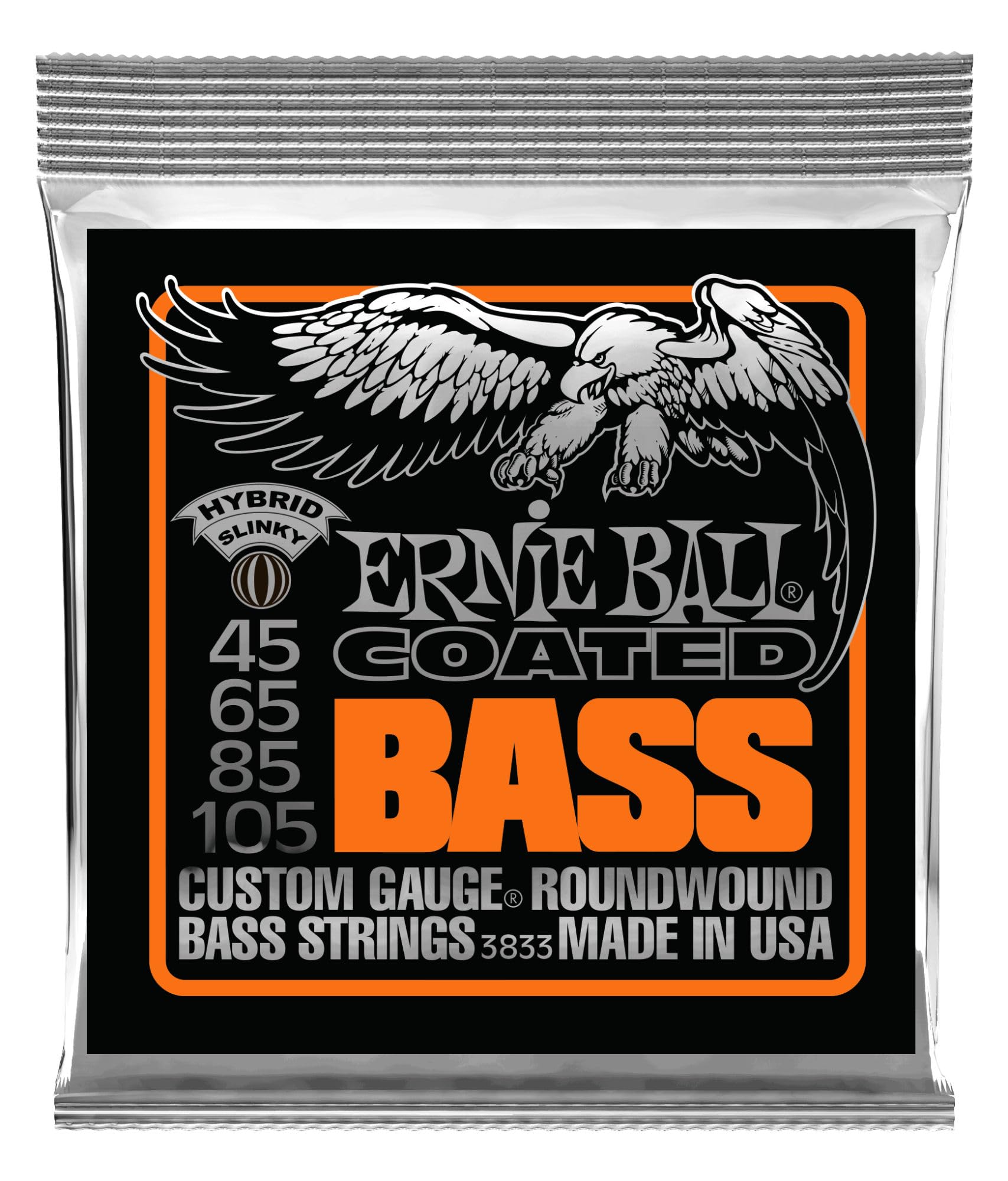 Ernie Ball Hybrid Slinky Coated Bass Guitar Strings 45-105 Gauge (P03833) - Long-Lasting Tone & Playability for Rock, Metal & Studio Recording