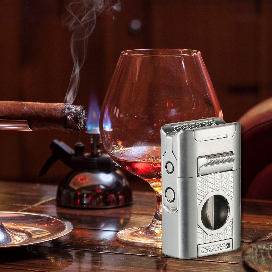 Visol Joplin Quad Torch Flame Lighter - Windproof Butane Lighter with Adjustable Flame (Silver) - Perfect for Cigars, Camping, BBQ & Outdoor Adventures
