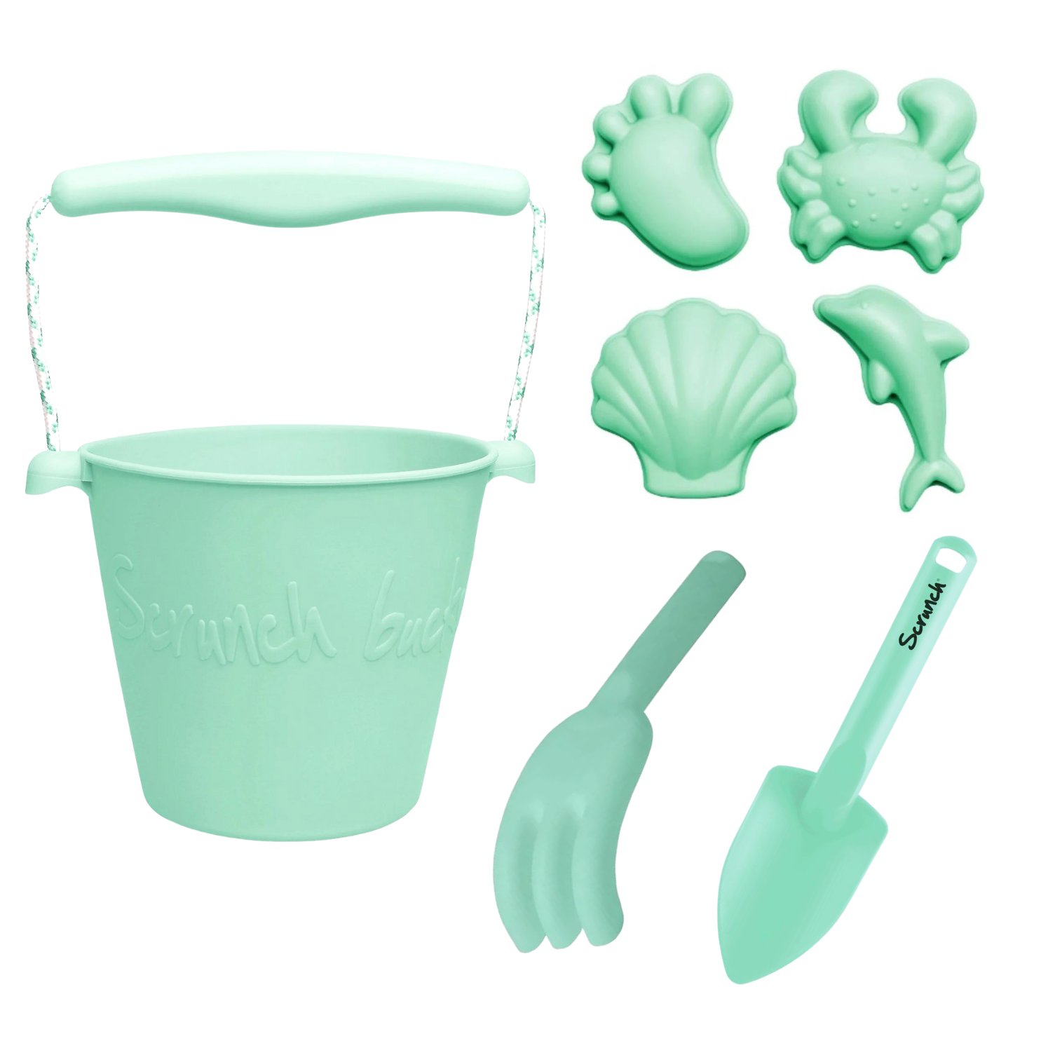 Spearmint Scrunch Beach Bundle - Sand Bucket, Spade, Rake & Molds Set for Kids | Perfect for Beach Vacations, Sandcastle Building & Summer Outdoor Play