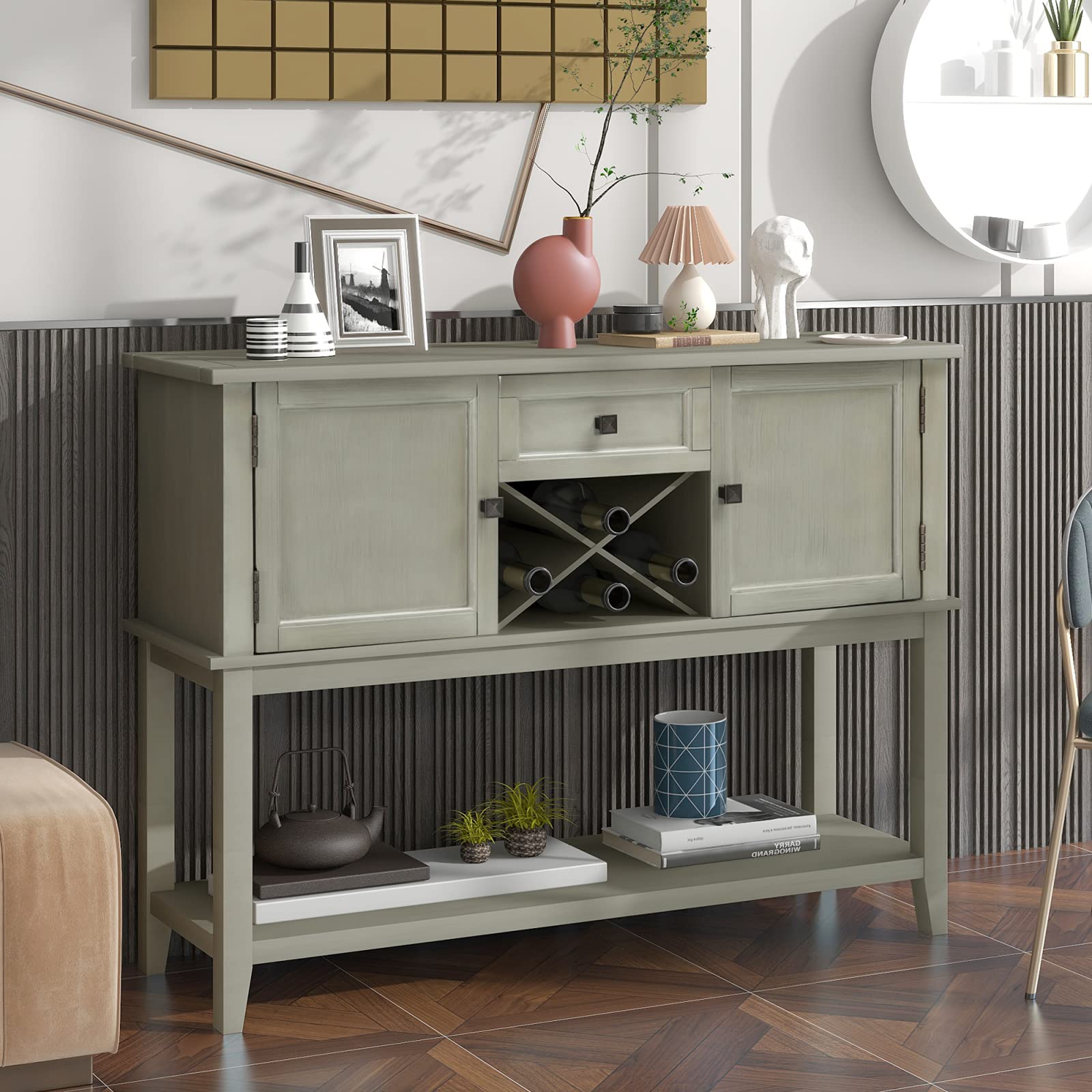 Lazyspace Antique Gray Wooden Console Table with Wine Rack & Open Shelf Storage - Perfect for Home Kitchen, Living Room, Dining Room, Entryway & Hallway