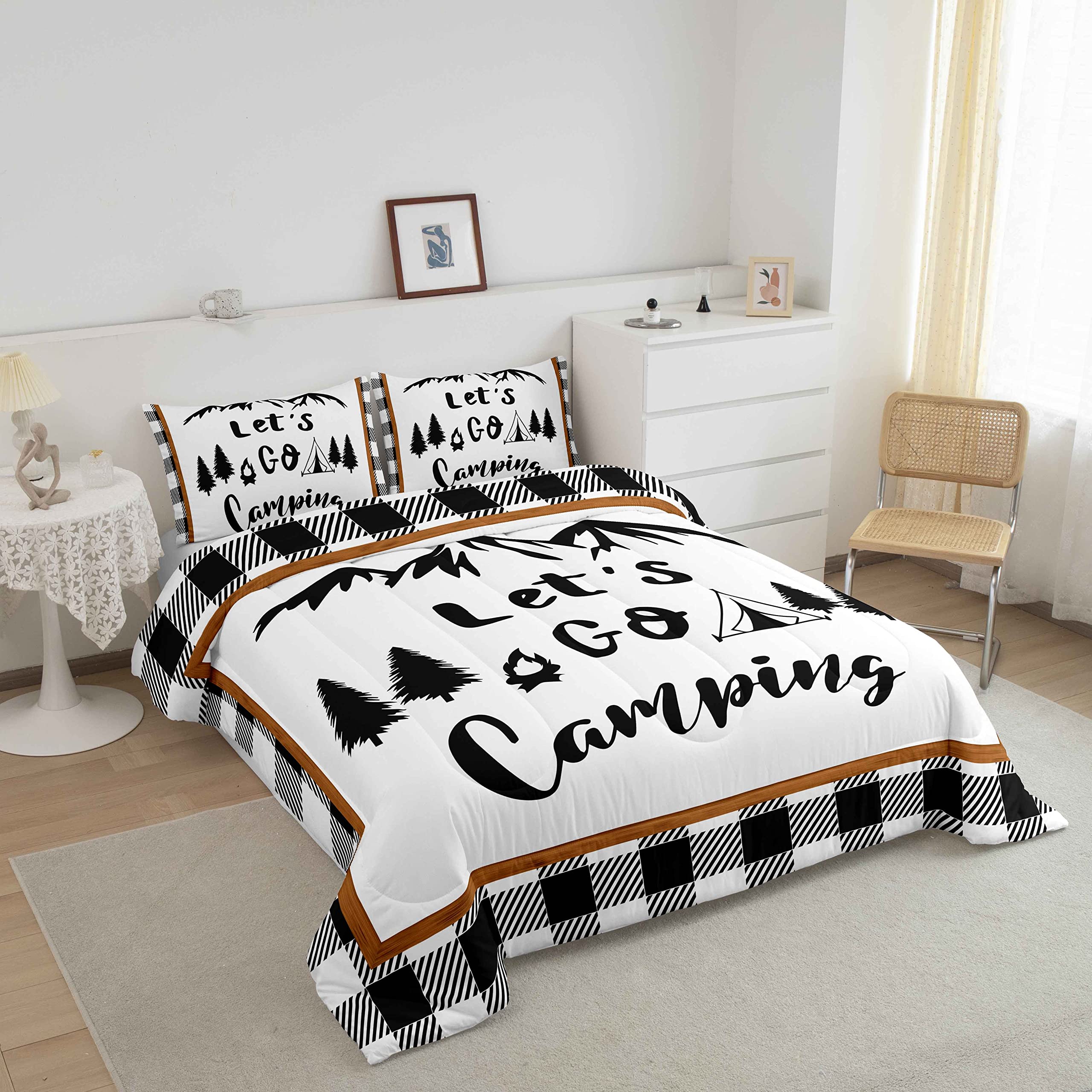 Feelyou Happy Camping Bedding Set - Queen Size 3-Piece Camper Comforter Set for Kids, Boys & Teens | Sketch Pine Tree Mountain Nature Design in White & Black Geometric Patterns | Perfect for Camping Trips, Dorm Rooms & Adventure-Themed Bedrooms